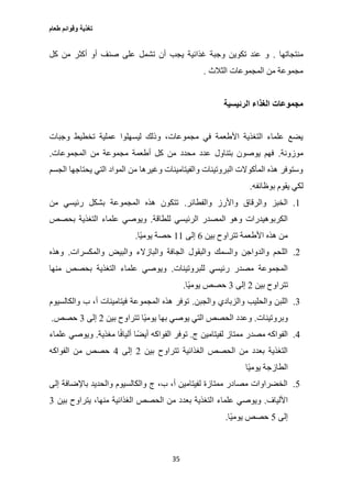 ‫طعام‬ ‫وقوائم‬ ‫تغذية‬
35
‫منتجاتها‬.‫كل‬ ‫من‬ ‫أكثر‬ ‫أو‬ ‫صنف‬ ‫على‬ ‫تشمل‬ ‫أن‬ ‫يجب‬ ‫غذائية‬ ‫وجبة‬ ‫تكوين‬ ‫عند‬ ‫و‬
‫الثال‬ ‫المجموعات‬ ‫من‬ ‫مجموعة‬‫ث‬.
‫الرئيسية‬ ‫الغذاء‬ ‫مجموعات‬
‫وجبات‬ ‫تخطيط‬ ‫عملية‬ ‫ليسهلوا‬ ‫وذلك‬ ،‫مجموعات‬ ‫في‬ ‫األطعمة‬ ‫التغذية‬ ‫علماء‬ ‫يضع‬
‫موزونة‬.‫المجموعات‬ ‫من‬ ‫مجموعة‬ ‫أطعمة‬ ‫كل‬ ‫من‬ ‫محدد‬ ‫عدد‬ ‫بتناول‬ ‫يوصون‬ ‫فهم‬.
‫الجسم‬ ‫يحتاجها‬ ‫التي‬ ‫المواد‬ ‫من‬ ‫وغيرها‬ ‫والفيتامينات‬ ‫البروتينات‬ ‫المأكوالت‬ ‫هذه‬ ‫وستوفر‬
‫يقوم‬ ‫لكي‬‫بوظائفه‬.
1.‫والفطائر‬ ‫واألرز‬ ‫والرقاق‬ ‫الخبز‬.‫من‬ ‫رئيسي‬ ‫بشكل‬ ‫المجموعة‬ ‫هذه‬ ‫تتكون‬
‫للطاقة‬ ‫الرئيسي‬ ‫المصدر‬ ‫وهو‬ ‫الكربوهيدرات‬.‫بحصص‬ ‫التغذية‬ ‫علماء‬ ‫ويوصي‬
‫بين‬ ‫تتراوح‬ ‫األطعمة‬ ‫هذه‬ ‫من‬6‫إلى‬11‫ًا‬‫ي‬‫يوم‬ ‫حصة‬.
2.‫والمكسرات‬ ‫والبيض‬ ‫والبازالء‬ ‫الجافة‬ ‫والبقول‬ ‫والسمك‬ ‫والدواجن‬ ‫اللحم‬.‫وهذه‬
‫للبروتينات‬ ‫رئيسي‬ ‫مصدر‬ ‫المجموعة‬.‫منها‬ ‫بحصص‬ ‫التغذية‬ ‫علماء‬ ‫ويوصي‬
‫بين‬ ‫تتراوح‬2‫إلى‬3‫ًا‬‫ي‬‫يوم‬ ‫حصص‬.
3.‫والجبن‬ ‫والزبادي‬ ‫والحليب‬ ‫اللبن‬.‫والكالسيوم‬ ‫ب‬ ،‫أ‬ ‫فيتامينات‬ ‫المجموعة‬ ‫هذه‬ ‫توفر‬
‫وبروتينات‬.‫بين‬ ‫تتراوح‬ ‫ًا‬‫ي‬‫يوم‬ ‫بها‬ ‫يوصي‬ ‫التي‬ ‫الحصص‬ ‫وعدد‬2‫إلى‬3‫حصص‬.
0.‫لف‬ ‫ممتاز‬ ‫مصدر‬ ‫الفواكه‬‫ج‬ ‫يتامين‬.‫مغذية‬ ‫ا‬ً‫ف‬‫أليا‬ ‫أيضًا‬ ‫الفواكه‬ ‫توفر‬.‫علماء‬ ‫ويوصي‬
‫بين‬ ‫تتراوح‬ ‫الغذائية‬ ‫الحصص‬ ‫من‬ ‫بعدد‬ ‫التغذية‬2‫إلى‬0‫الفواكه‬ ‫من‬ ‫حصص‬
‫ًا‬‫ي‬‫يوم‬ ‫الطازجة‬
2.‫إلى‬ ‫باإلضافة‬ ‫والحديد‬ ‫والكالسيوم‬ ‫ج‬ ،‫ب‬ ،‫أ‬ ‫لفيتامين‬ ‫ممتازة‬ ‫مصادر‬ ‫الخضراوات‬
‫األلياف‬.‫الغذا‬ ‫الحصص‬ ‫من‬ ‫بعدد‬ ‫التغذية‬ ‫علماء‬ ‫ويوصي‬‫بين‬ ‫يتراوح‬ ،‫منها‬ ‫ئية‬3
‫إلى‬2‫ًا‬‫ي‬‫يوم‬ ‫حصص‬.
 