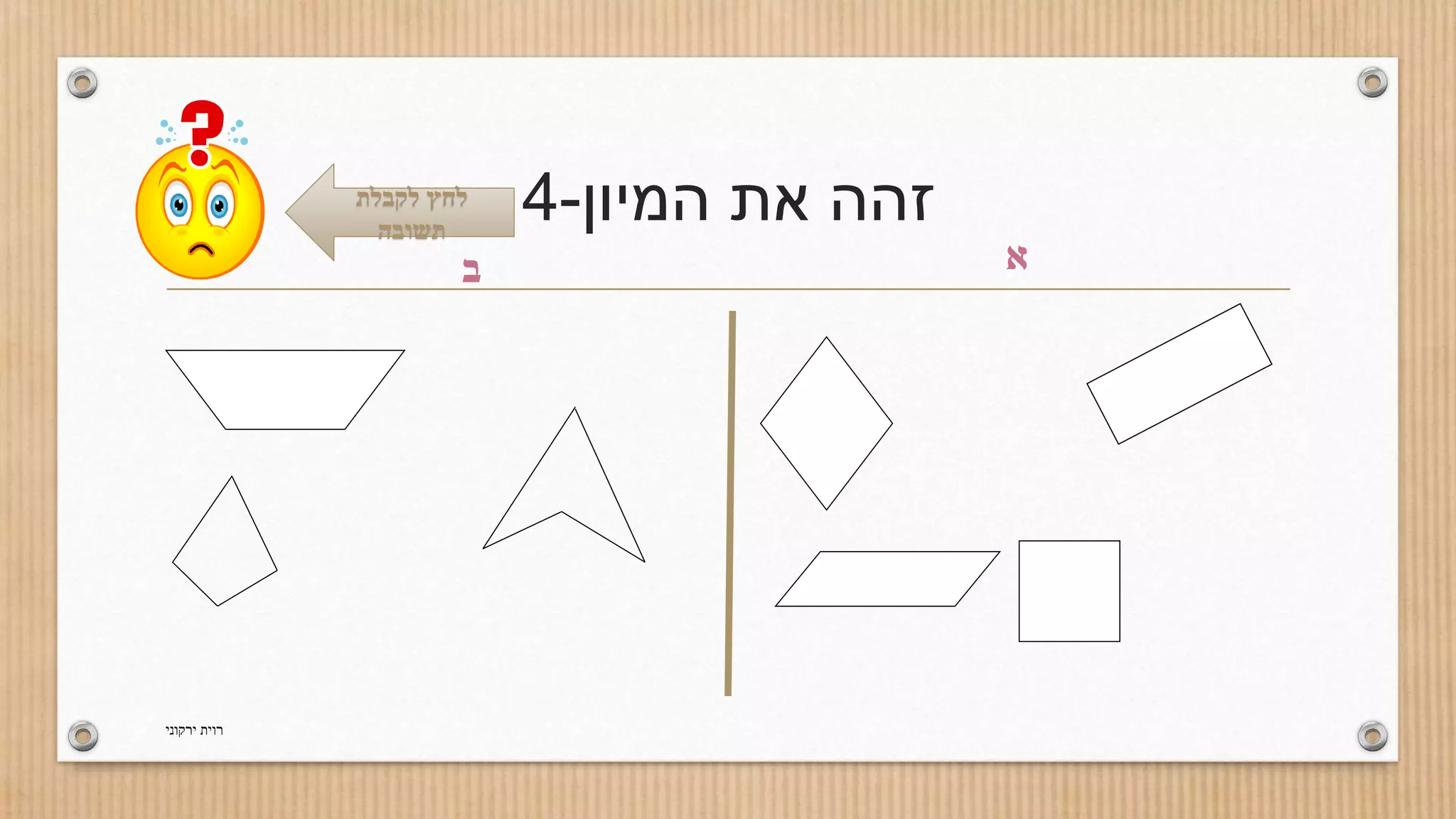 זהה את המיון 4- לחץ לקבלת 
תשובה 
א ב 
רוית ירקוני 
 