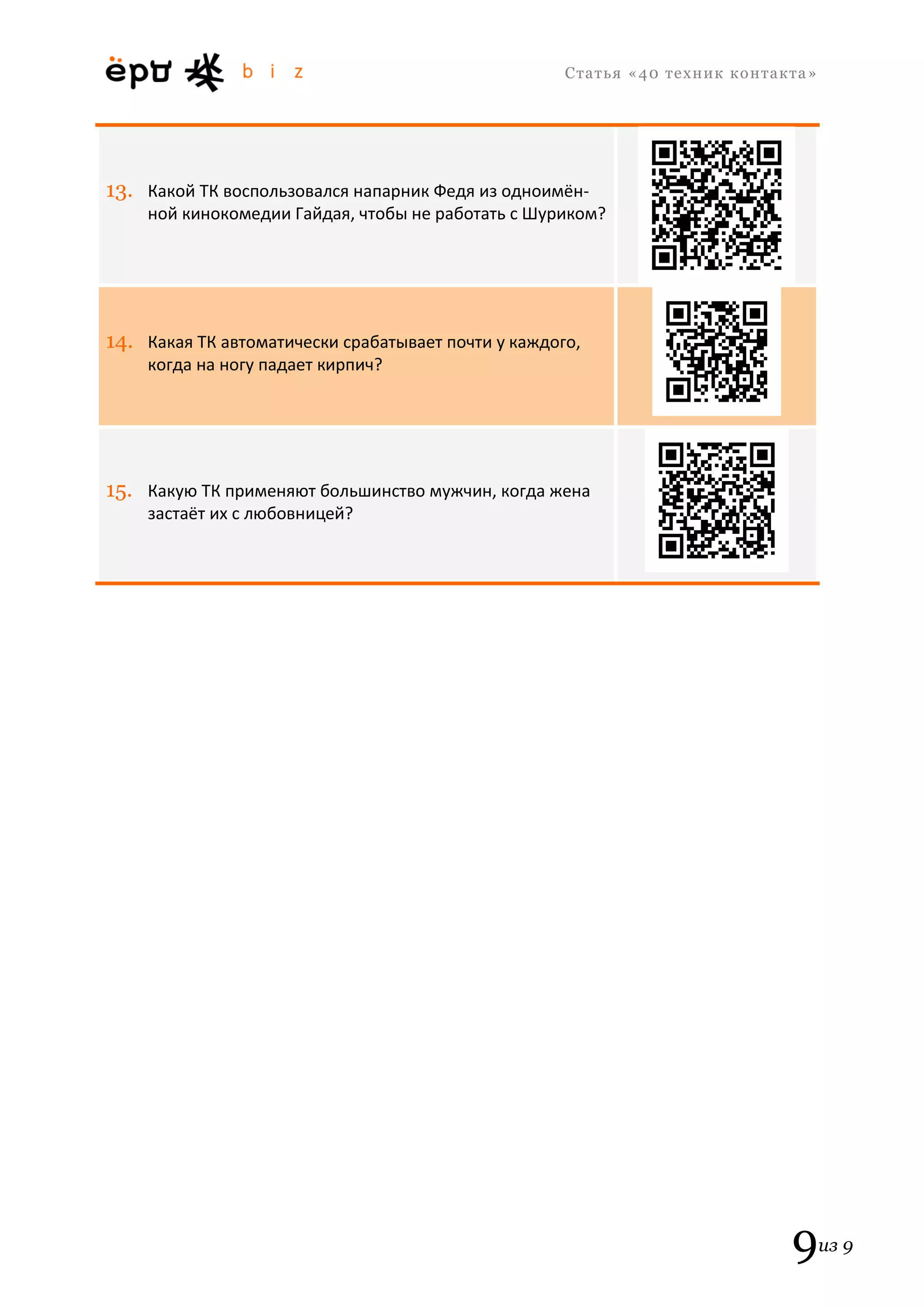 С т а т ь я «40 т е х н и к к о н т а к т а » 
9из 9 
13. Какой ТК воспользовался напарник Федя из одноимён- ной кинокомедии Гайдая, чтобы не работать с Шуриком? 14. Какая ТК автоматически срабатывает почти у каждого, когда на ногу падает кирпич? 15. Какую ТК применяют большинство мужчин, когда жена застаёт их с любовницей? 
