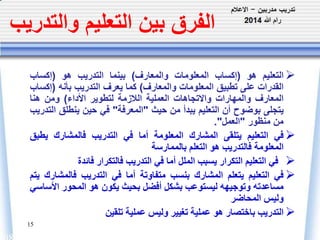 الفرق بين التعليم والتدريب 
التعليم هو )إكساب المعلومات والمعارف( بينما التدريب هو )إكساب  
القدرات على تطبيق المعلومات والمعارف( كما يعرف التدريب بأنه )إكساب 
المعارف والمهارات والاتجاهات العملية اللازمة لتطوير الأداء( ومن هنا 
يتجلى بوضوح أن التعليم يبدأ من حيث "المعرفة" في حين ينطلق التدريب 
من منظور "العمل". 
في التعليم يتلقى المشارك المعلومة أما في التدريب فالمشارك يطبق  
15 
المعلومة فالتدريب هو التعلم بالممارسة 
في التعليم التكرار يسبب الملل أما في التدريب فالتكرار فائدة  
في التعليم يتعلم المشارك بنسب متفاوتة أما في التدريب فالمشارك يتم  
مساعدته وتوجيهه ليستوعب بشكل أفضل بحيث يكون هو المحور الأساسي 
وليس المحاضر 
التدريب باختصار هو عملية تغيير وليس عملية تلقين  
 