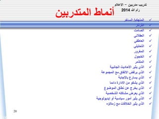 20 
أنماط المتدربين 
المتهكم/ الساخر  
الثرثار  
الصامت  
العقلاني  
العاطفي  
التحليلي  
المغرور  
الخجول  
المتذمر  
الذي يثير الأحاديث الجانبية  
الذي يرفض الاتفاق مع المجموعة  
الذي يسارع بالإجابة  
الذي يشكو من الادارة دائما  
الذي يخرج عن نطاق الموضوع  
الذي يعرض مشاكله الشخصية  
الذي يثير أمور سياسية أو إيديولوجية  
الذي يثير الخلافات مع زملاؤه  
 