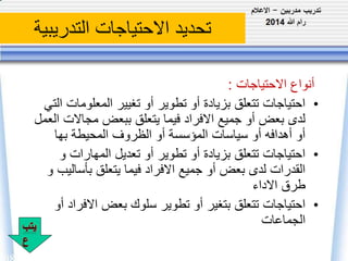 تحديد الاحتياجات التدريبية 
أنواع الاحتياجات : 
• احتياجات تتعلق بزيادة أو تطوير أو تغيير المعلومات التي 
لدى بعض أو جميع الافراد فيما يتعلق ببعض مجالات العمل 
أو أهدافه أو سياسات المؤسسة أو الظروف المحيطة بها 
• احتياجات تتعلق بزيادة أو تطوير أو تعديل المهارات و 
القدرات لدى بعض أو جميع الافراد فيما يتعلق بأساليب و 
طرق الاداء 
• احتياجات تتعلق بتغير أو تطوير سلوك بعض الافراد أو 
الجماعات 
 