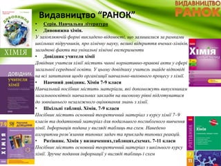 Видавництво “РАНОК” 
• Серія. Навчальна література 
• Дивовижна хімія. 
У захоплюючій формі викладено відомості, що залишилися за рамками 
шкільних підручників, про хімічну науку, великі відкриття вчених-хіміків, 
загадкові факти та унікальні хімічні експерименти 
• Довідник учителя хімії 
Довідник учителя хімії містить чинні нормативно-правові акти у сфері 
загальної середньої освіти. У цьому довіднику учитель знайде відповіді 
на всі запитання щодо організації навчально-виховного процесу з хімії. 
• Наочний довідник. Хімія 7-9 класи 
Навчальний посібник містить матеріали, які допоможуть випускникам 
загальноосвітніх навчальних закладів на високому рівні підготуватися 
до зовнішнього незалежного оцінювання знань з хімії. 
• Шкільні таблиці. Хімія. 7-9 класи 
Посібник містить основний теоретичний матеріал з курсу хімії 7–9 
класів та додатковий матеріал для подальшого поглибленого вивчення 
хімії. Інформація подана у вигляді таблиць та схем. Наведено 
алгоритми розв’язання типових задач та приклади типових реакцій. 
• Рятівник. Хімія у визначеннях,таблицях,схемах. 7-11 класи 
Посібник містить основний теоретичний матеріал з шкільного курсу 
хімії. Зручне подання інформації у вигляді таблиць і схем 
 