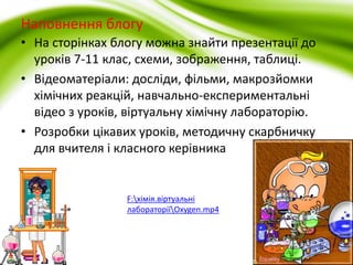 Наповнення блогу 
• На сторінках блогу можна знайти презентації до 
уроків 7-11 клас, схеми, зображення, таблиці. 
• Відеоматеріали: досліди, фільми, макрозйомки 
хімічних реакцій, навчально-експериментальні 
відео з уроків, віртуальну хімічну лабораторію. 
• Розробки цікавих уроків, методичну скарбничку 
для вчителя і класного керівника 
F:хімія.віртуальні 
лабораторіїOxygen.mp4 
 