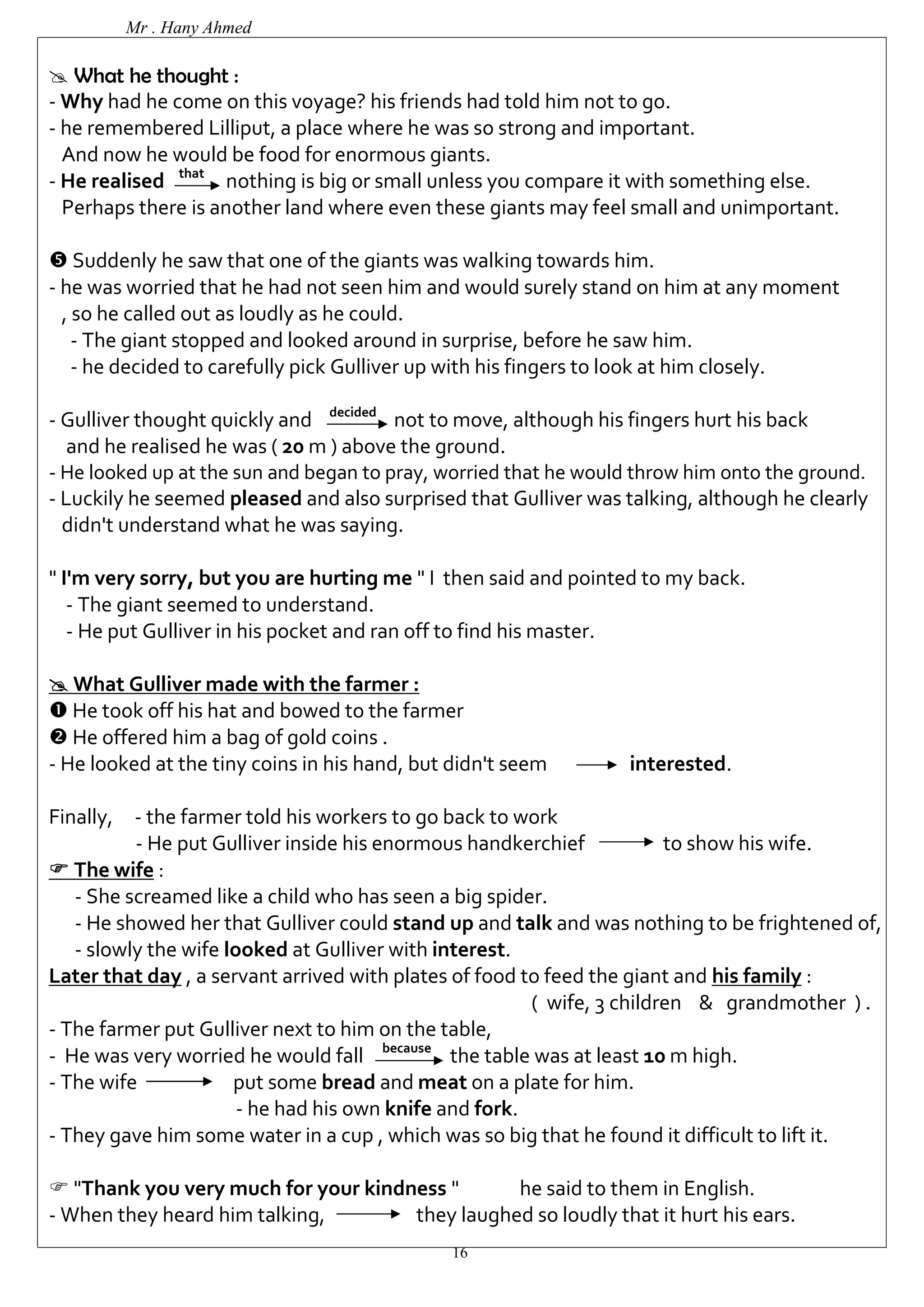 Mr . Hany Ahmed 
 What he thought : 
- Why had he come on this voyage? his friends had told him not to go. 
- he remembered Lilliput, a place where he was so strong and important. 
And now he would be food for enormous giants. 
- He realised that nothing is big or small unless you compare it with something else. 
Perhaps there is another land where even these giants may feel small and unimportant. 
 Suddenly he saw that one of the giants was walking towards him. 
- he was worried that he had not seen him and would surely stand on him at any moment 
, so he called out as loudly as he could. 
- The giant stopped and looked around in surprise, before he saw him. 
- he decided to carefully pick Gulliver up with his fingers to look at him closely. 
- Gulliver thought quickly and decided not to move, although his fingers hurt his back 
and he realised he was ( 20 m ) above the ground. 
- He looked up at the sun and began to pray, worried that he would throw him onto the ground. 
- Luckily he seemed pleased and also surprised that Gulliver was talking, although he clearly 
didn't understand what he was saying. 
" I'm very sorry, but you are hurting me " I then said and pointed to my back. 
- The giant seemed to understand. 
- He put Gulliver in his pocket and ran off to find his master. 
 What Gulliver made with the farmer : 
 He took off his hat and bowed to the farmer 
 He offered him a bag of gold coins . 
- He looked at the tiny coins in his hand, but didn't seem interested. 
Finally, - the farmer told his workers to go back to work 
- He put Gulliver inside his enormous handkerchief to show his wife. 
 The wife : 
- She screamed like a child who has seen a big spider. 
- He showed her that Gulliver could stand up and talk and was nothing to be frightened of, 
- slowly the wife looked at Gulliver with interest. 
Later that day , a servant arrived with plates of food to feed the giant and his family : 
16 
( wife, 3 children & grandmother ) . 
- The farmer put Gulliver next to him on the table, 
- He was very worried he would fall because the table was at least 10 m high. 
- The wife put some bread and meat on a plate for him. 
- he had his own knife and fork. 
- They gave him some water in a cup , which was so big that he found it difficult to lift it. 
 "Thank you very much for your kindness " he said to them in English. 
- When they heard him talking, they laughed so loudly that it hurt his ears. 
 