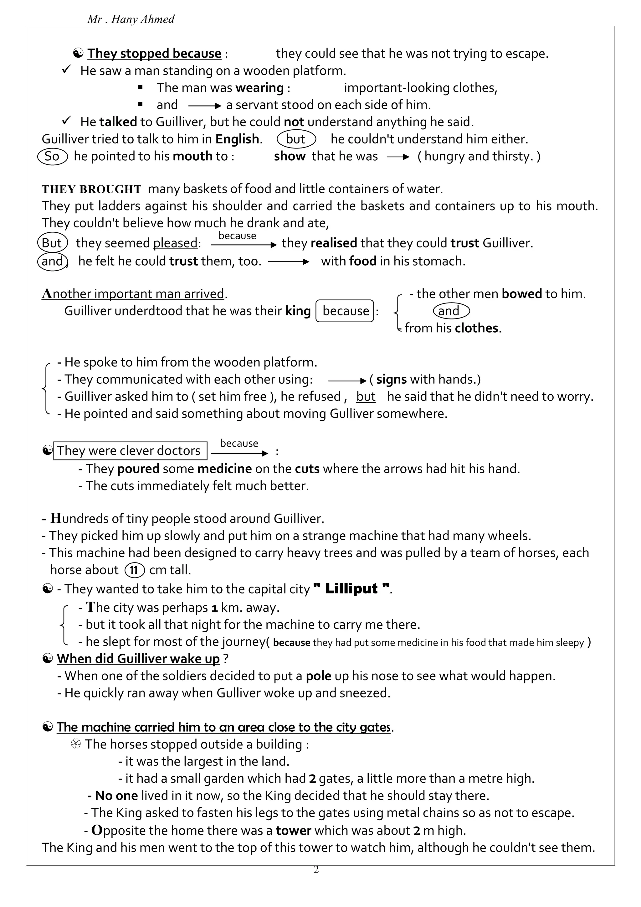 Mr . Hany Ahmed 
 They stopped because : they could see that he was not trying to escape. 
 He saw a man standing on a wooden platform. 
 The man was wearing : important-looking clothes, 
 and a servant stood on each side of him. 
 He talked to Guilliver, but he could not understand anything he said. 
Guilliver tried to talk to him in English. but he couldn't understand him either. 
So he pointed to his mouth to : show that he was ( hungry and thirsty. ) 
THEY BROUGHT many baskets of food and little containers of water. 
They put ladders against his shoulder and carried the baskets and containers up to his mouth. 
They couldn't believe how much he drank and ate, 
But they seemed pleased: because they realised that they could trust Guilliver. 
and , he felt he could trust them, too. with food in his stomach. 
Another important man arrived. - the other men bowed to him. 
Guilliver underdtood that he was their king because : and 
2 
- from his clothes. 
- He spoke to him from the wooden platform. 
- They communicated with each other using: ( signs with hands.) 
- Guilliver asked him to ( set him free ), he refused , but he said that he didn't need to worry. 
- He pointed and said something about moving Gulliver somewhere. 
 They were clever doctors because : 
- They poured some medicine on the cuts where the arrows had hit his hand. 
- The cuts immediately felt much better. 
- Hundreds of tiny people stood around Guilliver. 
- They picked him up slowly and put him on a strange machine that had many wheels. 
- This machine had been designed to carry heavy trees and was pulled by a team of horses, each 
horse about 11 cm tall. 
 - They wanted to take him to the capital city " Lilliput ". 
- The city was perhaps 1 km. away. 
- but it took all that night for the machine to carry me there. 
- he slept for most of the journey( because they had put some medicine in his food that made him sleepy ) 
 When did Guilliver wake up ? 
- When one of the soldiers decided to put a pole up his nose to see what would happen. 
- He quickly ran away when Gulliver woke up and sneezed. 
 The machine carried him to an area close to the city gates. 
 The horses stopped outside a building : 
- it was the largest in the land. 
- it had a small garden which had 2 gates, a little more than a metre high. 
- No one lived in it now, so the King decided that he should stay there. 
- The King asked to fasten his legs to the gates using metal chains so as not to escape. 
-Opposite the home there was a tower which was about 2 m high. 
The King and his men went to the top of this tower to watch him, although he couldn't see them. 
 