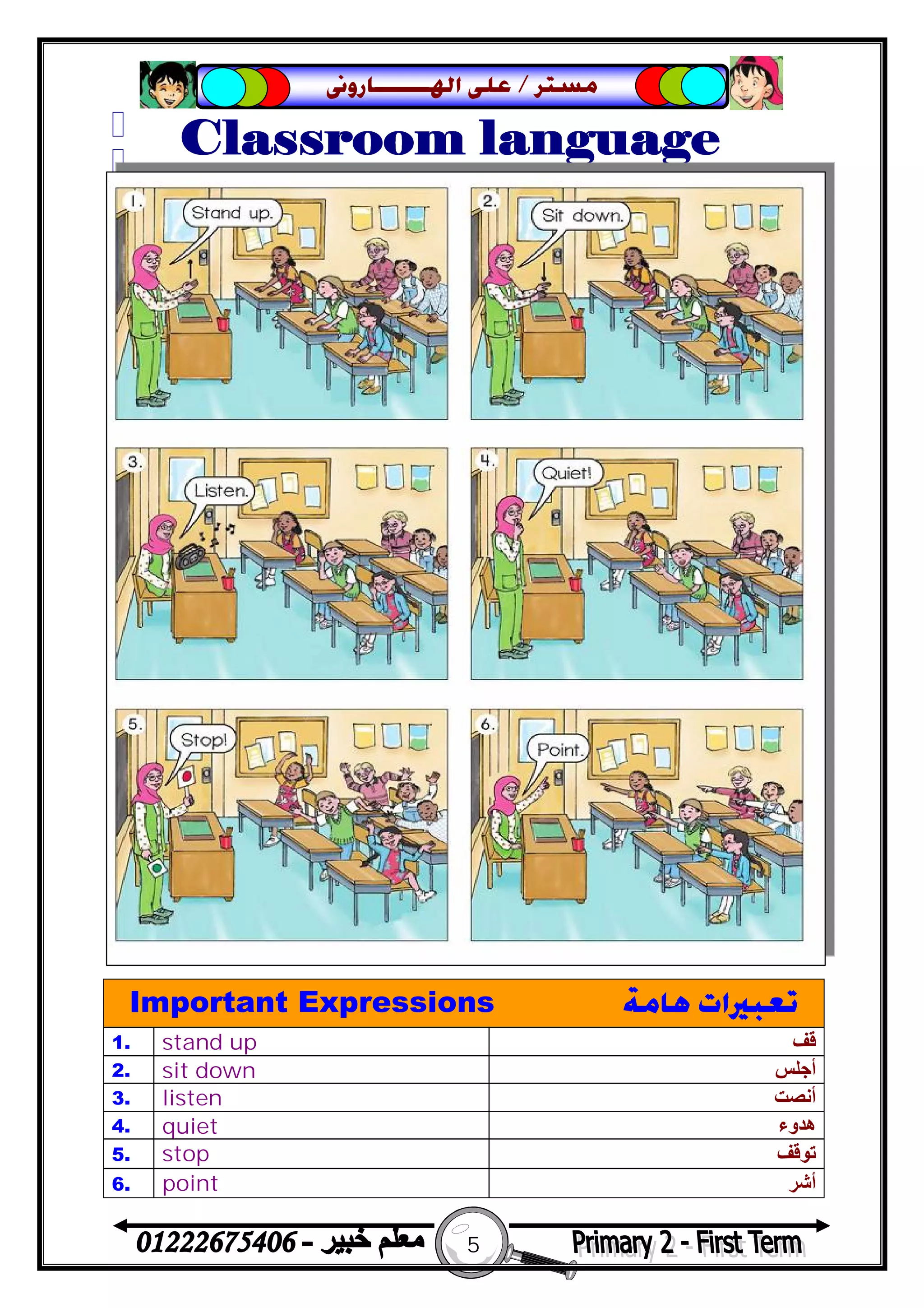 5
‫ﻣﺴﺘﺮ‬/‫ﺍﳍ‬ ‫ﻋﻠﻰ‬‫ـــــــ‬‫ﺎﺭﻭﱏ‬
Important Expressions ‫ﻫﺎﻣﺔ‬ ‫ﺗﻌﺒﲑﺍﺕ‬
1. stand up ‫ﻗﻒ‬
2. sit down ‫أﺟﻠﺲ‬
3. listen ‫أﻧﺼﺖ‬
4. quiet ‫ھﺪوء‬
5. stop ‫ﺗﻮﻗﻒ‬
6. point ‫أﺷﺮ‬
 