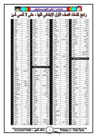 3
‫ﻣﺴﺘﺮ‬/‫ﺍﳍ‬ ‫ﻋﻠﻰ‬‫ـــــــ‬‫ﺎﺭﻭﱏ‬
1. smile ‫ﯾﺒﺘﺴﻢ‬ 51 jump ‫ﯾﻘﻔﺰ‬ 101. clap ‫ﯾﺼﻔﻖ‬ 102. animal ‫ﺣﯿﻮان‬
2. wave ‫ﯾﻠﻮح‬ 52 swim ‫ﯾﺴﺒﺢ‬ 103. shout ‫ﯾﺼﯿﺢ‬ 104. animals ‫ﺣﯿﻮاﻧﺎت‬
3. shake hands ‫ﯾﺴﻠﻢ‬ 53 girl ‫ﺑﻨﺖ‬ 105. sing ‫ﯾﻐﻨﻰ‬ 106. camel ‫ﺟﻤﻞ‬
4. nod ‫ﯾﻮﻣﺊ‬ 54 goat ‫ﻋﻨﺰة‬ 107. laugh ‫ﯾﻀﺤﻚ‬ 108. lion ‫أﺳﺪ‬
5. ant ‫ﻧﻤﻠﺔ‬ 55 garden ‫ﺣﺪﯾﻘﺔ‬ 109. nest ‫ﻋﺶ‬ 110. What's it? ‫ھﺬا‬ ‫ﻣﺎ‬...‫؟‬
6. apple ‫ﺗﻔﺎﺣﺔ‬ 56 horse ‫ﺣﺼﺎن‬ 111. necklace ‫ُﺪ‬‫ﻘ‬‫ﻋ‬ 112. slide ‫ﯾﺘﺰﺣﻠﻖ‬
7. arm ‫ذراع‬ 57 house ‫ﻣﻨﺰل‬ 113. ox ‫ﺛﻮر‬ 114. run ‫ﯾﺠﺮى‬
8. boy ‫وﻟﺪ‬ 58 hen ‫دﺟﺎﺟﺔ‬ 115. office ‫ﻣﻜﺘﺐ‬ 116. jump ‫ﯾﻘﻔﺰ‬
9. bus ‫أﺗﻮﺑﯿﺲ‬ 59 colour ‫ﻟﻮن‬ 117. orange ‫ﺑﺮﺗﻘﺎﻟﺔ‬ 118. I can run ‫أن‬ ‫أﺳﺘﻄﯿﻊ‬ ‫أﻧﺎ‬
‫أﺟﺮى‬
10. bird ‫ﻃﺎﺋﺮ‬ 60 red ‫اﺣﻤﺮ‬ 119. puppy ‫ﺟﺮو‬.‫ﺻﻐﯿﺮ‬ ‫ﻛﻠﺐ‬ 120. me too ‫أﯾﻀﺎ‬ ‫أﻧﺎ‬
11. one ‫واﺣﺪ‬ 61 blue ‫ازرق‬ 121. popcorn ‫ﻓﯿﺸﺎر‬ 122. a watch ‫ﯾﺪ‬ ‫ﺳﺎﻋﺔ‬
12. two ‫اﺛﻨﯿﻦ‬ 62 yellow ‫اﺻﻔﺮ‬ 123. food ‫ﻃﻌﺎم‬ 124. window ‫ﺷﺒﺎك‬
13. three ‫ﺛﻼﺛﺔ‬ 63 green ‫اﺧﻀﺮ‬ 125. bread ‫ﺧﺒﺰ‬ 126. box ‫ﺻﻨﺪوق‬
14. four ‫أرﺑﻌﺔ‬ 64 black ‫اﺳﻮد‬ 127. meat ‫ﻟﺤﻤﺔ‬ 128. fox ‫ﺛﻌﻠﺐ‬
15. five ‫ﺧﻤﺴﺔ‬ 65 it's ‫اﻧﮫ‬ 129. salad ‫ﺳﻠﻄﺔ‬ 130. yoyo ‫ﯾﻮﯾﻮ‬
16. draw ‫ﯾﺮﺳﻢ‬ 66 point to ‫إﻟﻰ‬ ‫اﺷﺮ‬ 131. rice ‫أرز‬ 132. zoo ‫ﺣﯿﻮان‬ ‫ﺣﺪﯾﻘﺔ‬
17. read ‫ﯾﻘﺮأ‬ 67 ink ‫ﺣﺒﺮ‬ 133. I want…. ‫أرﯾﺪ‬ ‫أﻧﺎ‬ 134. zebra ‫وﺣﺸﻰ‬ ‫ﺣﻤﺎر‬
18. write ‫ﯾﻜﺘﺐ‬ 68 in ‫ﻓﻰ‬ 135. pour ‫ﯾﺼﺐ‬–‫ﯾﺴﻜﺐ‬ 136. door ‫ﺑﺎب‬
19. count ‫ﯾﻌﺪ‬ 69 insect ‫ﺣﺸﺮة‬ 137. drink ‫ﯾﺸﺮب‬ 138. New Words ‫اﻟﺜﺎﻧﻰ‬ ‫اﻟﺼﻒ‬
20. cake ‫ﻛﻌﻜﺔ‬ 70 jeans ‫ﺟﯿﻨﺰ‬ 139. cat ‫ﻗﻄﺔ‬ 140. carrot ‫ﺟﺰرة‬
21. car ‫ﺳﯿﺎرة‬ 71 jar ‫ﺑﺮﻃﻤﺎن‬ 141. eat ‫ﯾﺄﻛﻞ‬ 142. pizza ‫ﺑﯿﺘﺰا‬
22. cat ‫ﻗﻄﺔ‬ 72 jacket ‫ﺟﺎﻛﺖ‬ 143. juice ‫ﻋﺼﯿﺮ‬ 144. piano ‫ﺑﯿﺎﻧﻮ‬
23. dog ‫ﻛﻠﺐ‬ 73 Second term ‫اﻟﺜﺎﻧﻰ‬ ‫اﻟﺘﺮم‬ 145. all right ‫ﻛﺬﻟﻚ‬ ‫وھﻮ‬ 146. lake ‫ﺑﺤﯿﺮة‬
24. donkey ‫ﺣﻤﺎر‬ 74 pen ‫ﺟﺎف‬ ‫ﻗﻠﻢ‬ 147. sun ‫ﺷﻤﺲ‬ 148. butterfly ‫ﻓﺮاﺷﺔ‬
25. doll ‫ﻟﻌﺒﺔ‬ ‫ﻋﺮوﺳﺔ‬ 75 pencil ‫رﺻﺎص‬ ‫ﻗﻠﻢ‬ 149. rabbit ‫أرﻧﺐ‬ 150. cloud ‫ﺳﺤﺎﺑﺔ‬
26. father ‫أب‬ 76 bag ‫ﺷﻨﻄﺔ‬ 151. ruler ‫ﻣﺴﻄﺮة‬ 152. flower ‫وردة‬
27. mother ‫أم‬ 77 classroom ‫اﻟﻔﺼﻞ‬ ‫ﺣﺠﺮة‬ 153. question ‫ﺳﺆال‬ 154. field ‫ﺣﻘﻞ‬
28. sister ‫أﺧﺖ‬ 78 pick up ‫ﯾﻠﺘﻘﻂ‬ 155. queen ‫ﻣﻠﻜﺔ‬ 156. banana ‫ﻣﻮزه‬
29. brother ‫أخ‬ 79 put down ‫ﯾﻀﻊ‬ 157. arm ‫ذراع‬ 158. sorry ‫آﺳﻒ‬
30. this is ‫ھﺬا‬–‫ﻟﻠﻤﻔﺮد‬ 80 open ‫ﯾﻔﺘﺢ‬ 159. leg ‫رﺟﻞ‬ 160. sheep ‫ﺧﺮوف‬
31. hands up ‫ﻷﻋﻠﻰ‬ ‫ﯾﺪك‬ 81 close ‫ﯾﻐﻠﻖ‬ 161. hand ‫ﯾﺪ‬ 162. chicken ‫دﺟﺎﺟﺔ‬
32. hands down ‫ﻷﺳﻔﻞ‬ ‫ﯾﺪك‬ 82 kite ‫ورﻗﯿﺔ‬ ‫ﻃﺎﺋﺮة‬ 163. feet ‫أﻗﺪام‬ 164. cow ‫ﺑﻘﺮة‬
33. stand up ‫ﻗﻒ‬ 83 key ‫ﻣﻔﺘﺎح‬ 165. foot ‫ﻗﺪم‬ 166. ice cream ‫ﻛﺮﯾﻢ‬ ‫أﯾﺲ‬
34. sit down ‫أﺟﻠﺲ‬ 84 king ‫ﻣﻠﻚ‬ 167. head ‫رأس‬ 168. milk ‫ﻟﺒﻦ‬
35. eight ‫ﺛﻤﺎﻧﯿﺔ‬ 85 lizard ‫ﺳﺤﻠﯿﺔ‬ 169. body ‫ﺟﺴﻢ‬ 170. net ‫ﺷﺒﻜﺔ‬
36. elephant ‫ﻓﯿﻞ‬ 86 leaf ‫ﺷﺠﺮ‬ ‫ورﻗﺔ‬ 171. I have ‫أﻣﻠﻚ‬ ‫أﻧﺎ‬ 172. nurse ‫ﻣﻤﺮﺿﺔ‬
37. egg ‫ﺑﯿﻀﺔ‬ 87 lemon ‫ﻟﯿﻤﻮﻧﺔ‬ 173. wash ‫ﯾﻐﺴﻞ‬ 174. mop ‫ﻣﻤﺴﺤﺔ‬
38. farmer ‫ﻓﻼح‬ 88 mouse ‫ﻓﺄر‬ 175. dry ‫ﯾﺠﻔﻒ‬ 176. farm ‫ﻣﺰرﻋﺔ‬
39. fish ‫ﺳﻤﻜﺔ‬ 89 monkey ‫ﻗﺮد‬ 177. brush ‫ﯾﺴﺮح‬ 178. nose ‫أﻧﻒ‬
40. fan ‫ﻣﺮوﺣﺔ‬ 90 moon ‫ﻗﻤﺮ‬ 179. comb ‫ﯾﻤﺸﻂ‬ 180. eraser ‫أﺳﺘﯿﻜﺔ‬
41. Who….? ‫ﻣﻦ‬...‫؟‬ 91 six ‫ﺳﺘﺔ‬ 181. hands ‫أﯾﺎدى‬ 182. welcome ‫ﻣﺮﺣﺒﺎ‬
42. they ‫ھﻢ‬–‫ھﻦ‬ 92 seven ‫ﺳﺒﻌﺔ‬ 183. hair ‫ﺷﻌﺮ‬ 184. flag ‫ﻋﻠﻢ‬
43. shape ‫ﺷﻜﻞ‬ 93 eight ‫ﺛﻤﺎﻧﯿﺔ‬ 185. tree ‫ﺷﺠﺮة‬ 186. ball ‫ﻛﺮة‬
44. circle ‫داﺋﺮة‬ 94 nine ‫ﺗﺴﻌﺔ‬ 187. telephone ‫ﺗﻠﯿﻔﻮن‬ 188. bell ‫ﺟﺮس‬
45. heart ‫ﻗﻠﺐ‬ 95 ten ‫ﻋﺸﺮة‬ 189. table ‫ﻣﻨﻀﺪة‬ 190. woman ‫اﻣﺮأة‬
46. star ‫ﻧﺠﻤﺔ‬ 96 more ‫أﻛﺜﺮ‬ 191. umbrella ‫ﺷﻤﺴﯿﺔ‬ 192. water ‫ﻣﯿﺎه‬
47. square ‫ﻣﺮﺑﻊ‬ 97 numbers ‫أرﻗﺎم‬ 193.
upside
down
‫ﯾﺘﺸﻘﻠﻂ‬ 194. How many ‫ﻋﺪد‬ ‫ﻛﻢ‬....‫؟‬
48. I see ‫أرى‬ ‫أﻧﺎ‬ 98 there is ‫ﻟﻠﻤﻔﺮد‬ ‫ﯾﻮﺟﺪ‬ 195. violin ‫ﻛﻤﻨﺠﺔ‬ 196. wolf ‫ذﺋﺐ‬
49. walk ‫ﯾﻤﺸﻰ‬ 99 there are ‫ﻟﻠﺠﻤﻊ‬ ‫ﯾﻮﺟﺪ‬ 197. vest ‫ﺟ‬‫ﻠﯿﮫ‬–‫ﻓﺴﺖ‬ 198. happy ‫ﺳﻌﯿﺪ‬
50. dive ‫ﯾﻘﻮد‬–‫ﺳﯿﺎرة‬ 100candle ‫ﺷﻤﻌﺔ‬ 199. vase ‫ﻓﺎزه‬ 200. spider ‫ﻋﻨﻜﺒﻮت‬
 