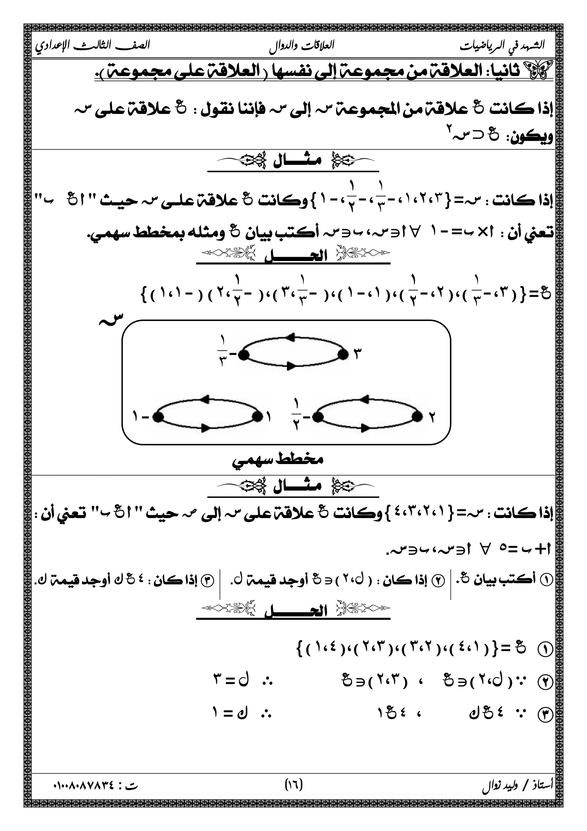 الشهد في الرياضيات العلاقات والدوال الصف الثالث الإعدادي 
W 
ز  غ ز ز غ 
غخز@  
  
˺ 
˺ 
-، ˼ 
،- ˺ ،˻ ،˼ ز={  
ب  ˰أغ  ز  غ{˺-، ˻ 
 غ أتز،بتز H ˺-= ب× أ 
  
˺ 
˺ 
˺ 
˺˻ 
- )،(˼، ˼ 
- )،(˺-،˺)،( ˻ 
-،˻)،( ˼ 
،- ˼ غ={( 
{(˺،˺-) (˻، 
˺˻ 
- 
˺˼ 
- 
˺- ˺ 
 
  
˼ 
˻ 
ز 
  أغب  ض ز غ{˽،˼،˻،˺}= ز 
أتز،بتز. H ˾= أ+ب 
ك.  غك ˽ C . ل )تغ ˻ ل، ) B  غ A 
  
)} ˺ ،˽ )،( ˻ ،˼ )،( ˼ ،˻ )،( ˽ ،˺ غ ={( A 
˼ )تغ ى ل = ˻ ،˼ )تغ ، ( ˻ ي(ل، B 
˺ غك ، ٤غ ١ ى ك = ˽ ي C 
١ ) ت : ٠١٠٠٨٠٨٧٨٣٤ أستاذ / وليد زوال ( ٦ 
 