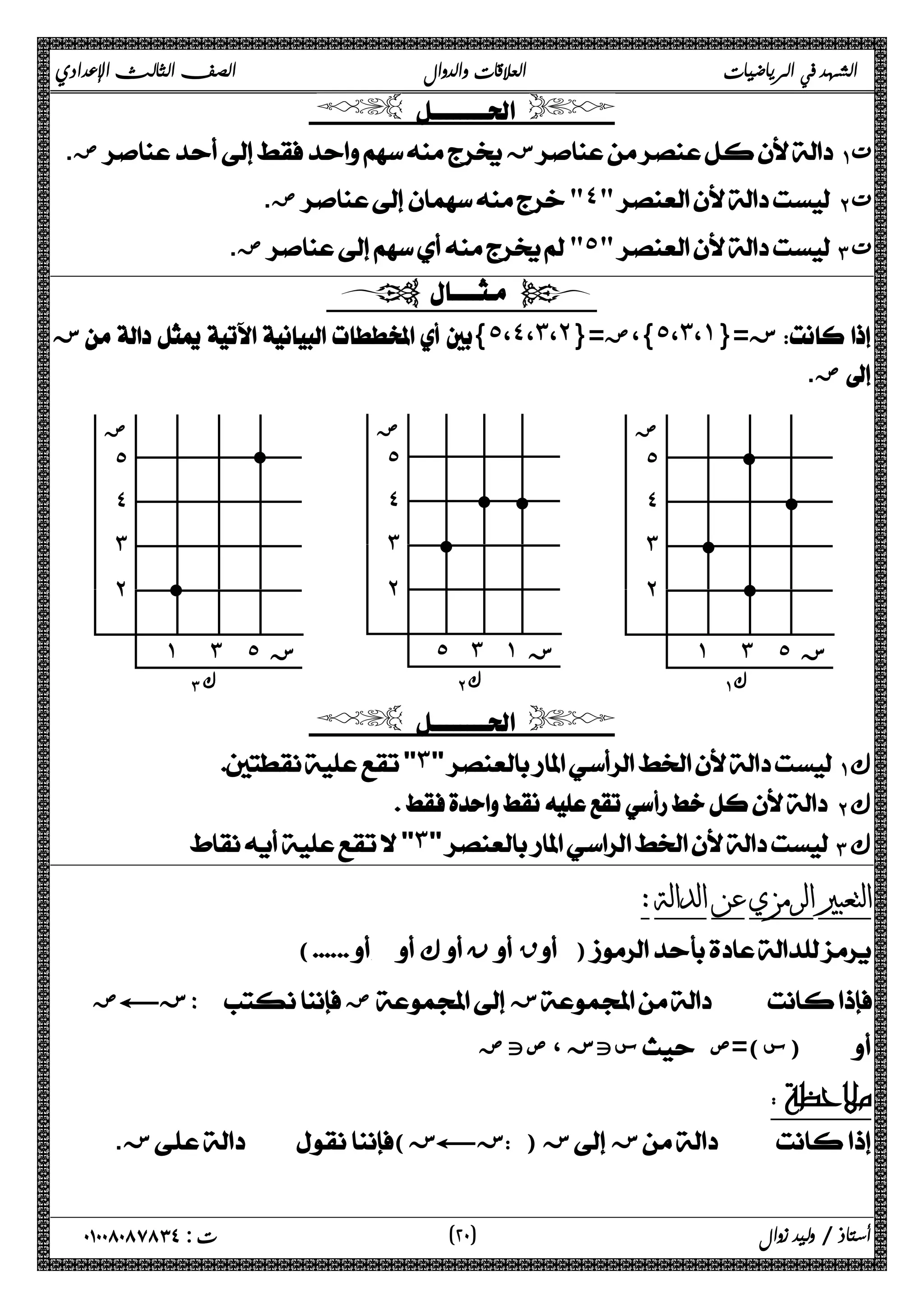 الشهد في الرياضيات العلاقات والدوال الصف الثالث الإعدادي 
  
ض.  زΆΑ  
ض. ˽ ΈΑ  
ض. ˾ ΊΑ  
  
 ز{˾،˽،˼،˻}= }،ض ˾ ،˼ ،˺ ز={  
ض.  
ض 
˾ 
˽ 
˼ 
˻ 
l l 
l 
˾ ˼ ˺ ز 
Έ Α ك 
  
ض 
˾ 
˽ 
˼ 
˻ 
l 
l 
l 
l 
˺ ˼ ˾ ز 
ΆΑ ك 
l 
l 
˺ ˼ ˾ ز 
Ί Α ك 
˼ΆΑ ϙ 
 ΈΑ ϙ 
˼ ΊΑ ϙ 
التعبير الرمزي عن الدالة : 
(  ϙ ن ق )  
ض 
˾ 
˽ 
˼ 
˻ 
ض C ز :  ض ز  
صتض ، ستز  س)=ص )  
ملاحظة : 
ز.  ( زC ز ) ز ز  
٢ ) ت : ٠١٠٠٨٠٨٧٨٣٤ أستاذ / وليد زوال ( ٠ 
 