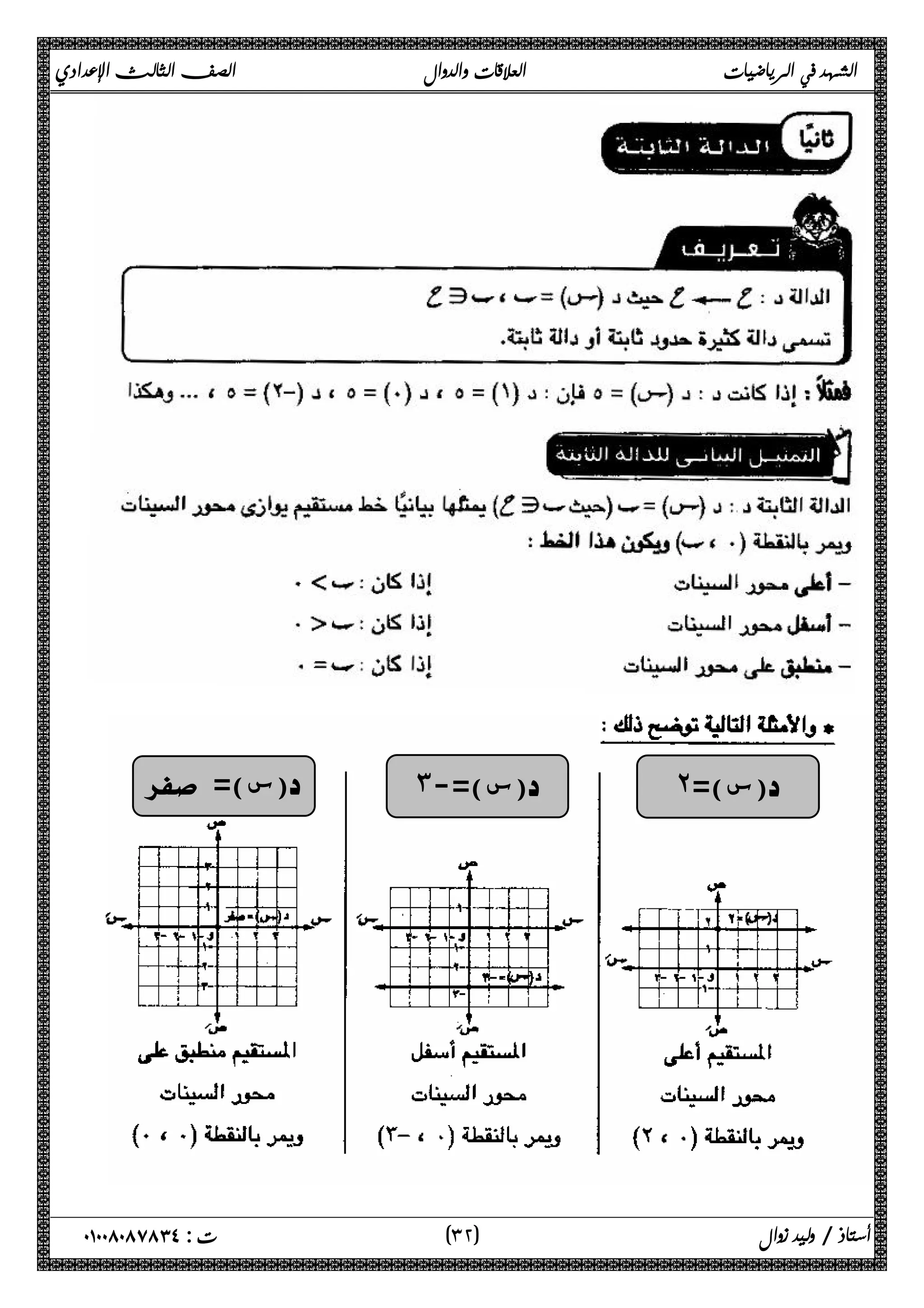 الشهد في الرياضيات العلاقات والدوال الصف الثالث الإعدادي 
 
 
 
 
 
 
 
 
 
 
 
 
 
 
 
 
 
 =( س) س)=- ٣ ) س)= ٢ ) 
٣ ) ت : ٠١٠٠٨٠٨٧٨٣٤ أستاذ / وليد زوال ( ٢ 
 
