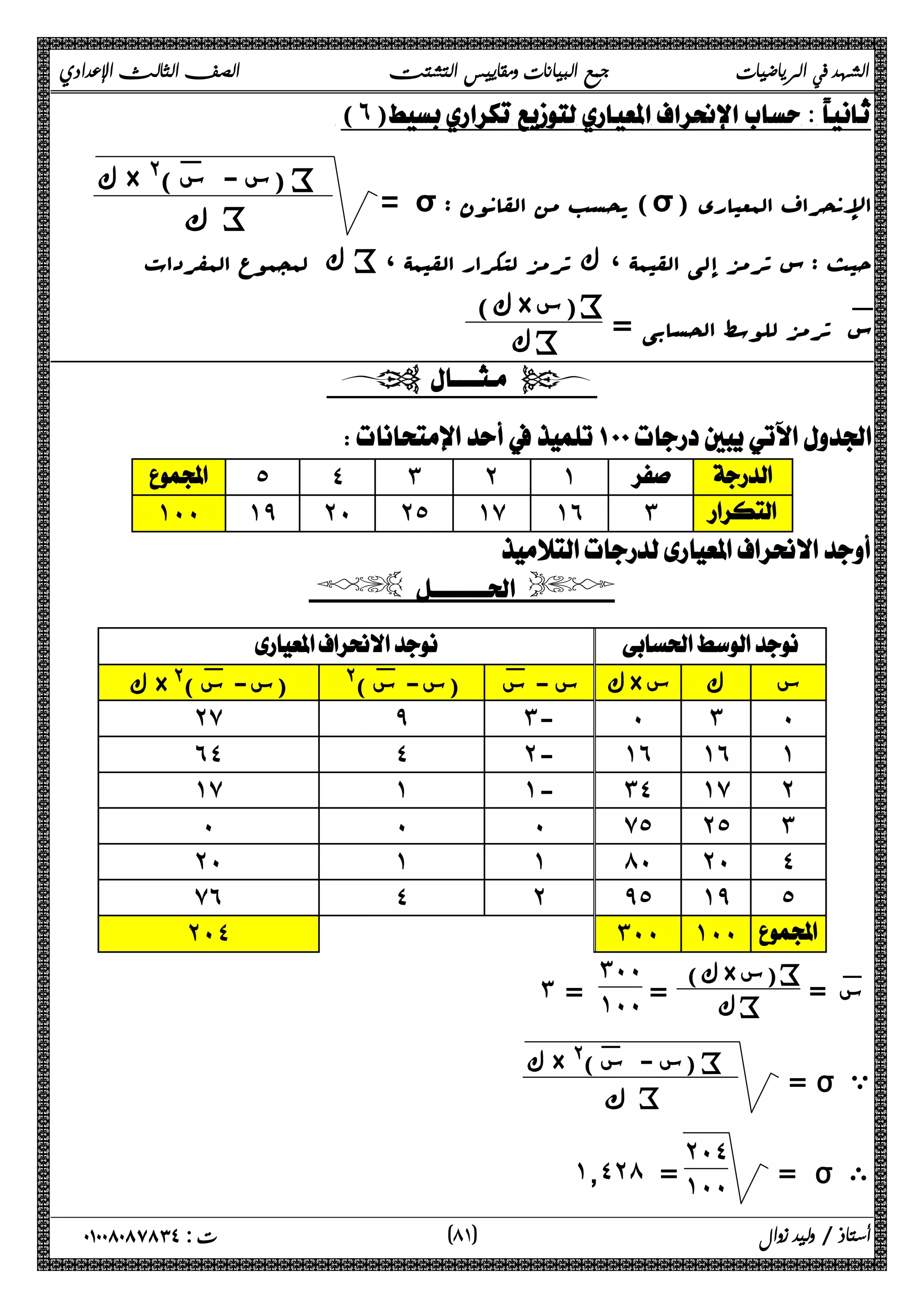 الشهد في الرياضيات جمع البيانات ومقاييس التشتت الصف الثالث الإعدادي 
(٦) 
= σ : یحسب من القانون (σ) الإنحراف المعیاري 
ك × @(: س - س ) i 
ϙ i 
حیث : س ترمز إلى القیمۀ ، ك ترمز لتکرار القیمۀ 
ك iلمجموع المفردات ، × ) i 
س: ترمز للوسط الحسابی = 
سك) ك i 
  
 
 ˾ ˽ ˼ ˻ ˺   
˺˹˹ ˺̂ ˻˹ ˻˾ ˺̀ ˺˿ ˼  
 
  
  
ك ×@( ك س - س: (س- :س )@ (س- :س × س ك س 
˻̀ ̂ ˼- ˹ ˼ ˹ 
˿˽ ˽ ˻- ˺˿ ˺˿ ˺ 
˺̀ ˺ ˺- ˼˽ ˺̀ ˻ 
˹ ˹ ˹ ̀˾ ˻˾ ˼ 
˻˹ ˺ ˺ ́˹ ˻˹ ˽ 
̀˿ ˽ ˻ ̂˾ ˺̂ ˾ 
˻˹˽ ˼˹˹ ˺˹˹  
:× ) i 
س = 
سك) ك = i 
˼˹˹ 
˼ = ˺˹˹ 
= ı ي 
ك × @(: س - س ) i 
ϙ i 
= ı ى 
˻˹˽ 
˺̄˽˻́ = ˺˹˹ 
٨ ) ت : ٠١٠٠٨٠٨٧٨٣٤ أستاذ / وليد زوال ( ١ 
 