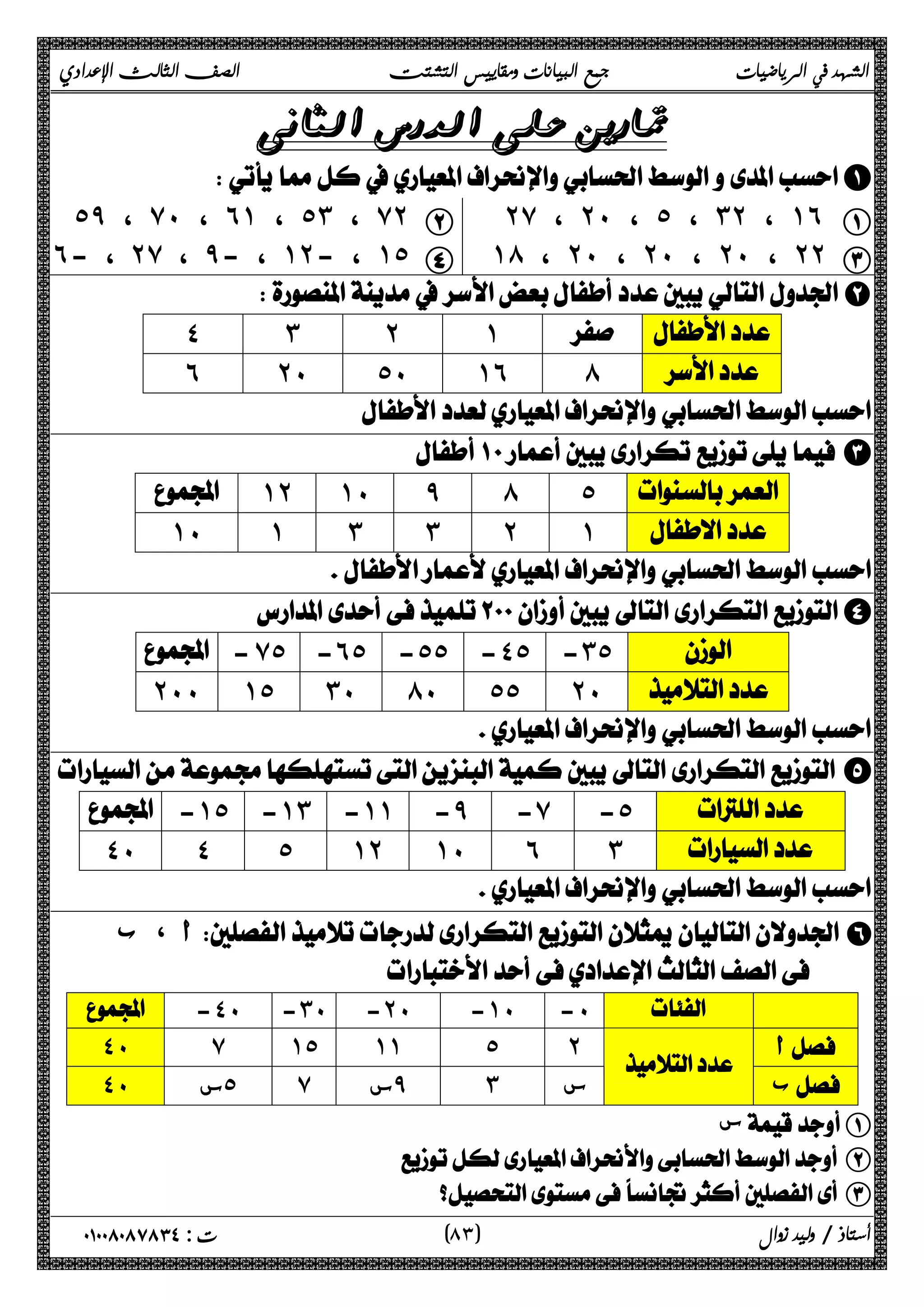 الشهد في الرياضيات جمع البيانات ومقاييس التشتت الصف الثالث الإعدادي 
 
A 
˾̂ ، ̀˹ ، ˿˺ ، ˾˼ ، ̀˻ B ˻̀ ، ˻˹ ، ˾ ، ˼˻ ، ˺˿ A 
˿- ، ˻̀ ، ̂- ، ˺˻- ، ˺˾ D ˺́ ، ˻˹ ، ˻˹ ، ˻˹ ، ˻˻ C 
B 
˽ ˼ ˻ ˺   
˿ ˻˹ ˾˹ ˺˿ ́  
 
 C 
 ˺˻ ˺˹ ̂ ́ ˾  
˺˹ ˺ ˼ ˼ ˻ ˺  
 
D 
 - ̀˾ -˿˾ -˾˾ -˽˾ -˼˾  
˻˹˹ ˺˾ ˼˹ ́˹ ˾˾ ˻˹  
 
 E 
 -˺˾ -˺˼ -˺˺ -̂ -̀ -˾  
˽˹ ˽ ˾ ˺˻ ˺˹ ˿ ˼  
 
 أ ، ب  F 
  
 -˽˹ -˼˹ -˻˹ -˺˹ -˹   
˽˹ ̀ ˺˾ ˺˺ ˾ ˻  أ 
 ب 
 
˽˹ س ˾ ̀ س ̂ ˼ س 
س A 
 B 
 C 
٨ ) ت : ٠١٠٠٨٠٨٧٨٣٤ أستاذ / وليد زوال ( ٣ 
 