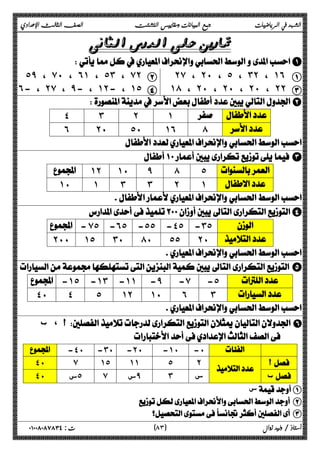 الشهد في الرياضيات جمع البيانات ومقاييس التشتت الصف الثالث الإعدادي 
 
A 
˾̂ ، ̀˹ ، ˿˺ ، ˾˼ ، ̀˻ B ˻̀ ، ˻˹ ، ˾ ، ˼˻ ، ˺˿ A 
˿- ، ˻̀ ، ̂- ، ˺˻- ، ˺˾ D ˺́ ، ˻˹ ، ˻˹ ، ˻˹ ، ˻˻ C 
B 
˽ ˼ ˻ ˺   
˿ ˻˹ ˾˹ ˺˿ ́  
 
 C 
 ˺˻ ˺˹ ̂ ́ ˾  
˺˹ ˺ ˼ ˼ ˻ ˺  
 
D 
 - ̀˾ -˿˾ -˾˾ -˽˾ -˼˾  
˻˹˹ ˺˾ ˼˹ ́˹ ˾˾ ˻˹  
 
 E 
 -˺˾ -˺˼ -˺˺ -̂ -̀ -˾  
˽˹ ˽ ˾ ˺˻ ˺˹ ˿ ˼  
 
 أ ، ب  F 
  
 -˽˹ -˼˹ -˻˹ -˺˹ -˹   
˽˹ ̀ ˺˾ ˺˺ ˾ ˻  أ 
 ب 
 
˽˹ س ˾ ̀ س ̂ ˼ س 
س A 
 B 
 C 
٨ ) ت : ٠١٠٠٨٠٨٧٨٣٤ أستاذ / وليد زوال ( ٣ 
 