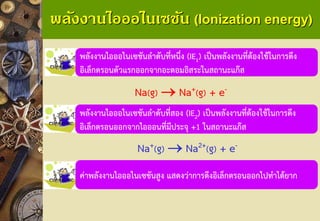 พลังงานไอออไนเซชัน (Ionization energy) 
พลังงานไอออไนเซชันลาดับที่หนึ่ง(IE1) เป็นพลังงานที่ต้องใช้ในการดึง อิเล็กตรอนตัวแรกออกจากอะตอมอิสระในสถานะแก๊ส 
Na(g)Na+(g)+ e- 
พลังงานไอออไนเซชันลาดับที่สอง(IE2) เป็นพลังงานที่ต้องใช้ในการดึง 
อิเล็กตรอนออกจากไอออนที่มีประจุ +1 ในสถานะแก๊ส 
Na+(g)Na2+(g)+ e- 
ค่าพลังงานไอออไนเซชันสูงแสดงว่าการดึงอิเล็กตรอนออกไปทาได้ยาก  