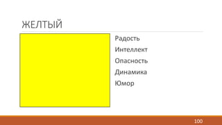 ЖЕЛТЫЙ 
Радость 
Интеллект 
Опасность 
Динамика 
Юмор 
100 
 