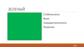 ЗЕЛЕНЫЙ 
Стабильность 
Воля 
Самодостаточность 
Развитие 
102 
 