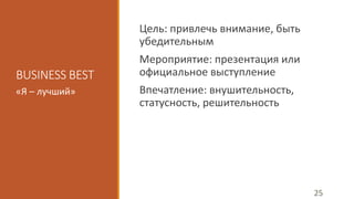 BUSINESS BEST 
Цель: привлечь внимание, быть 
убедительным 
Мероприятие: презентация или 
официальное выступление 
Впечатление: внушительность, 
статусность, решительность 
«Я – лучший» 
25 
 