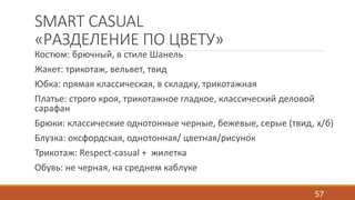 SMART CASUAL 
«РАЗДЕЛЕНИЕ ПО ЦВЕТУ» 
Костюм: брючный, в стиле Шанель 
Жакет: трикотаж, вельвет, твид 
Юбка: прямая классическая, в складку, трикотажная 
Платье: строго кроя, трикотажное гладкое, классический деловой 
сарафан 
Брюки: классические однотонные черные, бежевые, серые (твид, х/б) 
Блузка: оксфордская, однотонная/ цветная/рисунок 
Трикотаж: Respect-casual + жилетка 
Обувь: не черная, на среднем каблуке 
57 
 