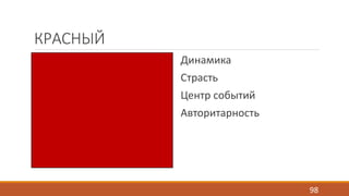 КРАСНЫЙ 
Динамика 
Страсть 
Центр событий 
Авторитарность 
98 
 