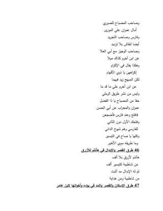 51 
كصاحب المصباح لمصكرم 
أماؿ عم ا رف عمي المكرل 
كفارس كصاحب التجريد 
أيضا لنقاش بلا ترديد 
كصاحب الكجيز مع أبي العلا 
عف ابف أخرـ كذاؾ ميلا 
كىكذا يقاؿ في ااك ا رـ 
إك ا رىيف يا ذكم الأفياـ 
لكف المبي زيد فييما 
عف ابف أخرـ عمي ما قد ما 
كليس مف نشر طريؽ الرممي 
حقا مف المصباح يا ذا الفضؿ 
عم ا رف كالمح ا رب عف أبي الحسف 
فافت كعند فارس فأضجعف 
كفتحؾ الأكؿ دكف الثاني 
لمفارسي كىـ شيكخ الداني 
ككميا يا صاح في التيسير 
كما طريقو سكم الأخير 
46 طرق القصر والإبدال في ىأنتم للأزرق 
ىأنتـ لأزرؽ بلا ألؼ 
مف شاطبية كتيسير ألؼ 
ثـ لو اابداؿ مد أثبت 
مف شاطبية كمف ىداية 
47 طرق الإسكان والقصر والمد في يؤده وأخواتيا لابن عامر 
 