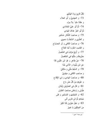 8 
لً ي ك لِّ ؿ قىارًو ئ ىرىكاهي الييىذؿً م 
73 - ىك الىميٍىدكً سُّ م ىك أىبيك ال ى علاىءً 
ىك ى ى ى كىذا ىم و ؾ بًلاى مًىا رءً 
74 - ثينَّـ أىبيك ى عمًيٍّ الىب ىدادً م 
ثينَّـ أىبيك العًلِّز ى ىىدا ى ؾ اليىادً م 
75 - ىك ى صاحً ي ب التلِّذٍ ى كارً يمسٍتىنًيرً 
ىك الطنَّىبرًم ىك ال لِّ سبٍطي ىيا ى سمًيرًم 
76 - ىك ى صاحً ي ب ال ى كافًي ىك يذك المًصٍىباحً 
ىك القىاصًدً اعٍمىـٍ ىيا أى ى خا الفىلاىحً 
77 - ىك أىرٍىبعه ىمىا رتً ه ب فًي اليمتنَّصًؿٍ 
ىمعٍيرك ةهى ؼ ىك مًثٍمييىا فًي اليمنٍفىصًؿٍ 
78 - ى عفٍ طىاىًور ىك ىٍىك ابٍفً ى مٍبيكو ف ى كىذا 
ى عفً ابٍفً ىبملِّيىـ ةى ىك النَّدانًي ي خىذا 
79 - ىك ال لِّ سبٍطً ىملِّك و ي ىك ىمالًكً لِّ ي 
ىك ى صاحًبً ال ى كافًي ىك ىميٍىدكً لِّ م 
80 - ىك ى صاحً ي ب اليىادًم ىك ذًم ااًقٍىناعً 
ىك ى يٍرًىًـٍ مًفٍ ي ك لِّ ؿ ى حبٍور ىكاعً 
81 - ىك قىا ى ؿ فًي ال نَّ ضرٍىبيٍفً يرتٍىبتىافً 
طيكلىى ىك يكسٍطىى ى صاحً ي ب ال ي عنٍىكافً 
82 - ىك اليمجٍتى ى ب ل ىك اليمسٍتىنًيرً ىك فىتىى 
يم ى جاىًود ثينَّـ ابٍفً فىارً و س أىتىى 
83 - ىك ىنجٍ ي ؿ ى خيٍيركى ف ى كىذا ى كثًيير 
مً ى ف العًىا رقًلِّيي ى ف ىيا ى خبًيير 
. في سَخت " يكي " 
 