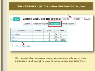 ЛИЧНЫЙ КАБИНЕТ РОДИТЕЛЯ В МРКО. ПРОСМОТР ВСЕХ ОЦЕНОК 
На странице «Все оценки» отражена успеваемость ребенка по всем 
предметам в выбранный период. Возможно выгрузка в Word, Excel. 
 