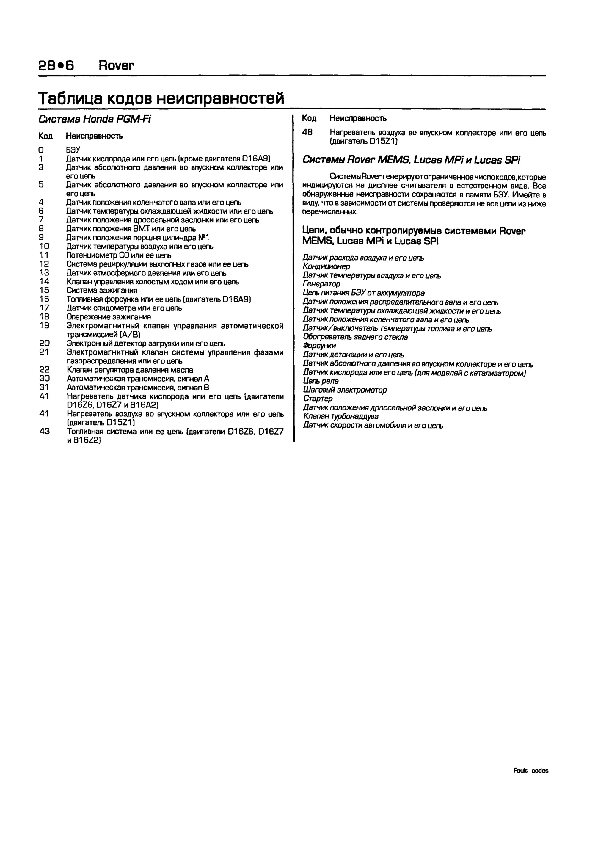 дигностика двигателя. коды неисправностей. руководство 2003