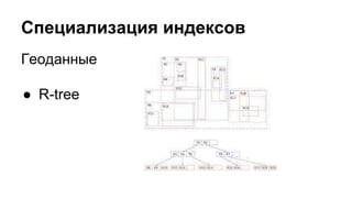 Специализация индексов 
Геоданные 
● R-tree 
 
