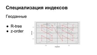 Специализация индексов 
Геоданные 
● R-tree 
● z-order 
 