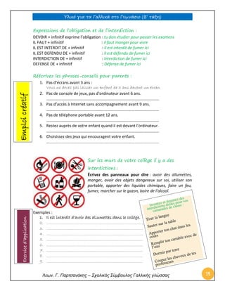Υλικό για τα Γαλλικά στο Γυμνάσιο (Β’ τάξη) 
Λεων. Γ. Παρτσανάκης – Σχολικός Σύμβουλος Γαλλικής γλώσσας 14 
Expressions de l’obligation et de l’interdiction : DEVOIR + infinitif exprime l’obligation : tu dois étudier pour passer les examens IL FAUT + infinitif : il faut manger pour vivre IL EST INTERDIT DE + infinitif : Il est interdit de fumer ici IL EST DEFENDU DE + infinitif : Il est défendu de fumer ici INTERDICTION DE + infinitif : Interdiction de fumer ici DEFENSE DE + infinitif : Défense de fumer ici Réécrivez les phrases-conseils pour parents : 1. Pas d’écrans avant 3 ans : Vous ne devez pas laisser un enfant de 3 ans devant un écran 
2. Pas de console de jeux, pas d’ordinateur avant 6 ans. 
………………………………………………………………………………………………… 
3. Pas d’accès à Internet sans accompagnement avant 9 ans. 
………………………………………………………………………………………………… 
4. Pas de téléphone portable avant 12 ans. 
………………………………………………………………………………………………… 5. Restez auprès de votre enfant quand il est devant l’ordinateur. ………………………………………………………………………………………………… 6. Choisissez des jeux qui encouragent votre enfant. ………………………………………………………………………………………………… Sur les murs de votre collège il y a des interdictions : Écrivez des panneaux pour dire : avoir des allumettes, manger, avoir des objets dangereux sur soi, utiliser son portable, apporter des liquides chimiques, faire un feu, fumer, marcher sur le gazon, boire de l’alcool. Exemples : 1. Il est interdit d’avoir des allumettes dans le collège. 2. ………………………………………………………………………. 3. ………………………………………………………………………. 4. ………………………………………………………………………. 5. ………………………………………………………………………. 6. ………………………………………………………………………. 7. ………………………………………………………………………. 8. ………………………………………………………………………. 9. ………………………………………………………………………. Emploi créatif Exercice d’application  