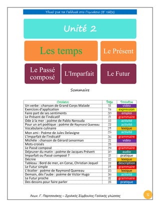 Υλικό για τα Γαλλικά στο Γυμνάσιο (Β’ τάξη) 
Λεων. Γ. Παρτσανάκης – Σχολικός Σύμβουλος Γαλλικής γλώσσας 17 
Sommaire 
Contenu 
Page 
Domaine 
Un verbe : chanson de Grand Corps Malade 
18 vidéo 
Exercices d’application 
19 expression 
Faire part de ses sentiments 
20 emploi 
Le Présent de l’indicatif 
21 grammaire 
Ode à la mer : poème de Pablo Nerouda 
22 activité 
Pour un art poétique : poème de Raymond Queneau 
23 activité 
Vocabulaire culinaire 
24 lexique 
Mon ami : Poème de Jules Delavigne 
25 activité 
L’Imparfait de l’indicatif 
26 grammaire 
Michèle : chanson de Gérard Lenorman 
27 vidéo 
Mots-croisés 
28 
Le Passé composé 
29 grammaire 
Déjeuner du matin : poème de Jacques Prévert 
30 audio 
Imparfait ou Passé composé ? 
31 pratique 
Décrire 
32 lexique 
Tableau : Bord de mer, en Corse, Christian Jequel 
33 description 
Le Futur simple 
34 grammaire 
L’écolier : poème de Raymond Queneau 
35 lexique 
Demain, dès l’aube : poème de Victor Hugo 
36 activité 
Le Futur proche 
37 grammaire 
Des dessins pour faire parler 
38 pratique 
Unité 2 
Les temps 
Le Passé composé 
L'Imparfait 
Le Présent 
Le Futur  