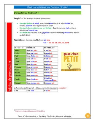 Υλικό για τα Γαλλικά στο Γυμνάσιο (Β’ τάξη) 
Λεων. Γ. Παρτσανάκης – Σχολικός Σύμβουλος Γαλλικής γλώσσας 26 
L’imparfait de l’indicatif 11 
Emploi : C’est le temps du passé qui exprime : 
 Une description : Il faisait beau, le ciel était bleu et le soleil brillait; les enfants jouaient dans le jardin avec le chien. 
 Une durée (sans précision sur ses limites) : Quand ma mère était petite, la télévision n’existait pas. 
 une habitude : Tous les jours, je jouais avec mon frère et je faisais mes devoirs après le dîner. 
Formation : Exemple : FAIRE : Nous fais-ions 
Fais- + ais, ais, ait, ions, iez, aient 
INFINITIF 
PRÉSENT 
IMPARFAIT Avoir 
Nous av- ons 
J’ av- ais Parler 
Nous parl-ons 
Je parl-ais Finir 
Nous finiss-ons 
Je finiss-ais Aller 
Nous all-ons 
J’ all-ais Venir 
Nous ven-ons 
Je ven-ais Dire 
Nous dis-ons 
Je dis-ais Prendre 
Nous pren-ons 
Je pren-ais Boire 
Nous buv-ons 
Je buv-ais Devoir 
Nous dev-ons 
Je dev-ais Pouvoir 
Nous pouv-ons 
Je pouv-ais Étudier 
Nous étudi-ons 
J'étudi-ais Nous étudi-ions Manger 
Nous mange-ons 
Je mange-ais 
La formation de l'imparfait est toujours régulière avec une exception ! 
Être 
Vous êtes 
J’ ét-ais 
11 http://www.bonjourdefrance.com/n9/cdm2.htm Règles de grammaire  