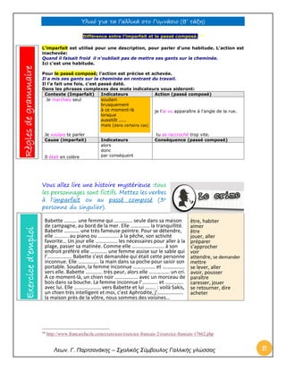 Υλικό για τα Γαλλικά στο Γυμνάσιο (Β’ τάξη) 
Λεων. Γ. Παρτσανάκης – Σχολικός Σύμβουλος Γαλλικής γλώσσας 31 
Différence entre l'imparfait et le passé composé. 14 L'imparfait est utilisé pour une description, pour parler d'une habitude. L'action est inachevée: 
Quand il faisait froid il n'oubliait pas de mettre ses gants sur la cheminée. 
Ici c'est une habitude. 
Pour le passé composé; l'action est précise et achevée. 
Il a mis ses gants sur la cheminée en rentrant du travail. 
Il l'a fait une fois, c'est passé daté. 
Dans les phrases complexes des mots indicateurs vous aideront: Contexte (Imparfait) Indicateurs Action (passé composé) 
Je marchais seul 
Je voulais te parler soudain brusquement à ce moment-là lorsque aussitôt ..... mais (dans certains cas) 
je l'ai vu apparaître à l'angle de la rue. 
tu as raccroché trop vite. Cause (imparfait) Indicateurs Conséquence (passé composé) 
Il était en colère 
alors 
donc 
par conséquent 
Vous allez lire une histoire mystérieuse :tous les personnages sont fictifs. Mettez les verbes à l'imparfait ou au passé composé (3e personne du singulier). 
Babette ………. une femme qui ………….. seule dans sa maison de campagne, au bord de la mer. Elle …………… la tranquillité. Babette ………… une très fameuse peintre. Pour se détendre, elle ……….. au piano ou ……………. à la pêche, son activité favorite… Un jour elle …………….. les nécessaires pour aller à la plage, passer sa matinée. Comme elle ……………………. à son endroit préféré elle …………. une femme assise sur le sable qui l’………………. Babette s’est demandée qui était cette personne inconnue. Elle ……………. la main dans sa poche pour saisir son portable. Soudain, la femme inconnue …………….. et …………….. vers elle. Babette …………. très peur, alors elle ……………. un cri. A ce moment-là, un chien noir ……………… avec un morceau de bois dans sa bouche. La femme inconnue l’………... et ………….. avec lui. Elle ………………… vers Babette et lui …….. : voilà Sakis, un chien très intelligent et moi, c’est Aphrodite, j’……………….. la maison près de la vôtre, nous sommes des voisines… être, habiter aimer être jouer, aller préparer s’approcher voir attendre, se demander mettre se lever, aller avoir, pousser paraître caresser, jouer se retourner, dire acheter 
14 http://www.francaisfacile.com/exercices/exercice-francais-2/exercice-francais-17862.php Exercice d’emploi Règles de grammaire  