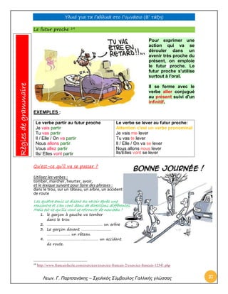 Υλικό για τα Γαλλικά στο Γυμνάσιο (Β’ τάξη) 
Λεων. Γ. Παρτσανάκης – Σχολικός Σύμβουλος Γαλλικής γλώσσας 37 
Le futur proche 19 Pour exprimer une action qui va se dérouler dans un avenir très proche du présent, on emploie le futur proche. Le futur proche s'utilise surtout à l'oral. Il se forme avec le verbe aller conjugué au présent suivi d'un infinitif. 
EXEMPLES : 
Le verbe partir au futur proche 
Je vais partir 
Tu vas partir 
Il / Elle / On va partir 
Nous allons partir 
Vous allez partir 
Ils/ Elles vont partir 
Le verbe se lever au futur proche: 
Attention c'est un verbe pronominal 
Je vais me lever 
Tu vas te lever 
Il / Elle / On va se lever 
Nous allons nous lever 
Ils/Elles vont se lever 
Qu’est-ce qu’il va se passer ? 
Utilisez les verbes : 
tomber, marcher, heurter, avoir, 
et le lexique suivant pour faire des phrases : 
dans le trou, sur un râteau, un arbre, un accident 
de route 
Les quatre amis se disent au-revoir après une 
rencontre et s’en vont dans de directions différentes. 
Mais est-ce qu’ils vont se retrouver de nouveau ? 
1. le garçon à gauche va tomber 
dans le trou 
2. ………………………………………………. un arbre 
3. Le garçon devant ………………………… 
………………….. un râteau. 
4. ………………………………..…………. un accident 
de route. 
19 http://www.francaisfacile.com/exercices/exercice-francais-2/exercice-francais-12541.php Règles de grammaire  