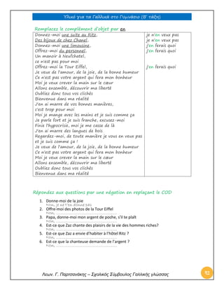 Υλικό για τα Γαλλικά στο Γυμνάσιο (Β’ τάξη) 
Λεων. Γ. Παρτσανάκης – Σχολικός Σύμβουλος Γαλλικής γλώσσας 42 
Remplacez le complément d’objet par en 
Donnez-moi une suite au Ritz, 
Des bijoux de chez Chanel, Donnez-moi une limousine, Offrez-moi du personnel, Un manoir à Neufchatel, 
ce n'est pas pour moi Offrez-moi la Tour Eiffel, Je veux de l'amour, de la joie, de la bonne humeur Ce n'est pas votre argent qui fera mon bonheur Moi je veux crever la main sur le coeur Allons ensemble, découvrir ma liberté Oubliez donc tous vos clichés Bienvenue dans ma réalité J'en ai marre de vos bonnes manières, 
c'est trop pour moi Moi je mange avec les mains et je suis comme ça Je parle fort et je suis franche, excusez-moi Finie l'hypocrisie, moi je me casse de là J'en ai marre des langues de bois Regardez-moi, de toute manière je vous en veux pas et je suis comme ça ! Je veux de l'amour, de la joie, de la bonne humeur Ce n'est pas votre argent qui fera mon bonheur Moi je veux crever la main sur le coeur Allons ensemble, découvrir ma liberté Oubliez donc tous vos clichés Bienvenue dans ma réalité 
je n'en veux pas je n'en veux pas 
j'en ferais quoi 
j'en ferais quoi 
j'en ferais quoi 
Répondez aux questions par une négation en replaçant le COD 
1. Donne-moi de la joie 
Non, je ne t’en donne pas 
2. Offre-moi des photos de la Tour Eiffel 
Non, ……………………………………………. 
3. Papa, donne-moi mon argent de poche, s’il te plaît 
Non, ……………………………………………. 
4. Est-ce que Zaz chante des plaisirs de la vie des hommes riches? 
Non, ……………………………………………. 
5. Est-ce que Zaz a envie d’habiter à l’hôtel Ritz ? 
Non, ……………………………………………. 
6. Est-ce que la chanteuse demande de l’argent ? 
Non, ……………………………………………. 
 
