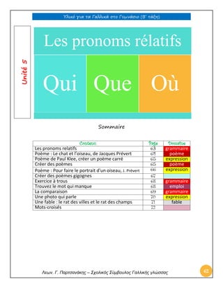 Υλικό για τα Γαλλικά στο Γυμνάσιο (Β’ τάξη) 
Λεων. Γ. Παρτσανάκης – Σχολικός Σύμβουλος Γαλλικής γλώσσας 62 
Sommaire 
Contenu 
Page 
Domaine 
Les pronoms relatifs 
63 grammaire 
Poème : Le chat et l’oiseau, de Jacques Prévert 
64 poème 
Poème de Paul Klee, créer un poème carré 
65 expression 
Créer des poèmes 
65 poème 
Poème : Pour faire le portrait d'un oiseau, J. Prévert 
66 expression 
Créer des poèmes gigognes 
67 
Exercice à trous 
68 grammaire 
Trouvez le mot qui manque 
68 emploi 
La comparaison 
69 grammaire 
Une photo qui parle 
70 expression 
Une fable : le rat des villes et le rat des champs 
71 fable 
Mots-croisés 
72 
Les pronoms rélatifs 
Qui 
Que 
Où 
Unité 5  