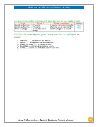 Υλικό για τα Γαλλικά στο Γυμνάσιο (Β’ τάξη) 
Λεων. Γ. Παρτσανάκης – Σχολικός Σύμβουλος Γαλλικής γλώσσας 63 
Les pronoms relatifs coordonnent deux phrases en une seule phrase. Phrase 1 Phrase 2 Phrase coordonnée fonction 
Je vois un homme. 
Il marche. 
Je vois un homme qui marche. 
sujet 
Je vois un homme. 
Il marche. 
L'homme que je vois marche. 
objet 
Voici un village. 
Je suis né dans ce village. 
Voici le village où je suis né. 
lieu 
Choisissez la bonne réponse pour chaque question en employant qui, que, où: 
1. Je trouve ……… cet exercice est difficile. 
2. Le film ……… tu regardes est- il intéressant ? 
3. Je vais à la plage ……… la mer est propre. 
4. Le collège …….. je vais, organise une boum. 
5. la fille ……. chante à la TV habite près de chez-moi 
 