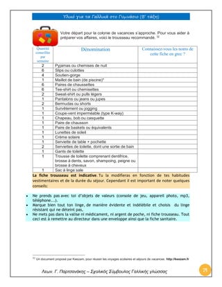 Υλικό για τα Γαλλικά στο Γυμνάσιο (Β’ τάξη) 
Λεων. Γ. Παρτσανάκης – Σχολικός Σύμβουλος Γαλλικής γλώσσας 74 
Votre départ pour la colonie de vacances s’approche. Pour vous aider à préparer vos affaires, voici le trousseau recommandé. 32 
Quantité 
conseillée 
par semaine 
Dénomination 
Connaissez-vous les noms de cette fiche en grec ? 
2 
Pyjamas ou chemises de nuit 
6 
Slips ou culottes 
4 
Soutien-gorge 
1 
Maillot de bain (de piscine)* 
6 
Paires de chaussettes 
6 
Tee-shirt ou chemisettes 
2 
Sweat-shirt ou pulls légers 
1 
Pantalons ou jeans ou jupes 
2 
Bermudas ou shorts 
1 
Survêtement ou jogging 
1 
Coupe-vent imperméable (type K-way) 
1 
Chapeau, bob ou casquette 
1 
Paire de chausson 
1 
Paire de baskets ou équivalents 
1 
Lunettes de soleil 
1 
Crème solaire 
1 
Serviette de table + pochette 
2 
Serviettes de toilette, dont une sortie de bain 
1 
Gants de toilette 
1 
Trousse de toilette comprenant dentifrice, brosse à dents, savon, shampoing, peigne ou brosse à cheveux 
1 
Sac à linge sale 
La fiche trousseau est indicative. Tu la modifieras en fonction de tes habitudes vestimentaires et de la durée du séjour. Cependant il est important de noter quelques conseils:  Ne prends pas avec toi d’objets de valeurs (console de jeu, appareil photo, mp3, téléphone...).  Marque bien tout ton linge, de manière évidente et indélébile et choisis du linge résistant qui ne déteint pas,  Ne mets pas dans la valise ni médicament, ni argent de poche, ni fiche trousseau. Tout ceci est à remettre au directeur dans une enveloppe ainsi que la fiche sanitaire. 
32 Un document proposé par Keezam, pour réussir les voyages scolaires et séjours de vacances. http://keezam.fr  