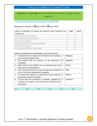 Υλικό για τα Γαλλικά στο Γυμνάσιο (Β’ τάξη) 
Λεων. Γ. Παρτσανάκης – Σχολικός Σύμβουλος Γαλλικής γλώσσας 75 
Regardez le reportage sur les colonies de vacances, Temps Jeunes, France 3 https://www.youtube.com/watch?v=Su1d5OlTVDM Répondez en mettant un  pour VRAI ou  pour FAUX 
Selon le reportage, la colonie de vacances offre l’occasion aux enfants de : 
VRAI 
FAUX 
connaître la mixité sociale 
ouvrir des horizons nouveaux 
Inviter leurs parents 
partager ensemble les mêmes activités 
prendre des risques 
vivre avec des enfants handicapés 
Faites correspondre les témoignages avec les personnes : 
1 
On peut faire des copains, les animateurs sont sympas, nous avons du temps libre 
a 
Margaux 
2 
On encadre bien les enfants, on fait attention à l’individu 
b 
Delphine 
3 
Mes amies et ma famille ne me manquent pas trop parce qu’o s’amuse bien ici 
c 
Simon 
4 
On s’occupe de moi, parce que mes parents travaillent et ils n’ont pas le temps pour me garder 
d 
Nina 
5 
Je connais les endroits, ça permet de revoir certaines personnes, j’aime les poneys. 
e 
Manon 
6 
Il aime faire de la peinture, se balader, regarder les chevaux, les motos. Il a de très bonnes relations avec les autres 
f 
Honorine 1 = 2 = 3 = 4 = 5 = 6 =  