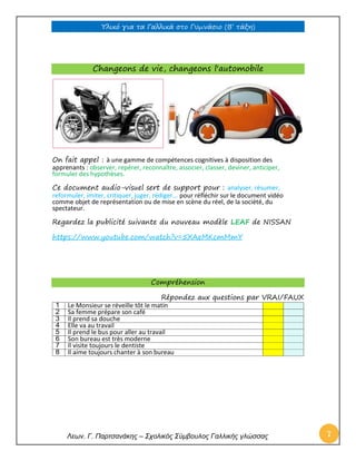 Υλικό για τα Γαλλικά στο Γυμνάσιο (Β’ τάξη) 
Λεων. Γ. Παρτσανάκης – Σχολικός Σύμβουλος Γαλλικής γλώσσας 7 
Changeons de vie, changeons l'automobile 
On fait appel : à une gamme de compétences cognitives à disposition des apprenants : observer, repérer, reconnaître, associer, classer, deviner, anticiper, formuler des hypothèses. 
Ce document audio-visuel sert de support pour : analyser, résumer, reformuler, imiter, critiquer, juger, rédiger... pour réfléchir sur le document vidéo comme objet de représentation ou de mise en scène du réel, de la société, du spectateur. 
Regardez la publicité suivante du nouveau modèle LEAF de NISSAN 
https://www.youtube.com/watch?v=5XAeMKcmMmY 
Compréhension 
Répondez aux questions par VRAI/FAUX 
1 
Le Monsieur se réveille tôt le matin 
2 
Sa femme prépare son café 
3 
Il prend sa douche 
4 
Elle va au travail 
5 
Il prend le bus pour aller au travail 
6 
Son bureau est très moderne 
7 
Il visite toujours le dentiste 
8 
Il aime toujours chanter à son bureau 
 