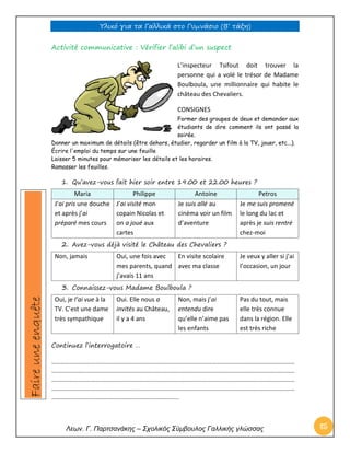 Υλικό για τα Γαλλικά στο Γυμνάσιο (Β’ τάξη) 
Λεων. Γ. Παρτσανάκης – Σχολικός Σύμβουλος Γαλλικής γλώσσας 85 
Activité communicative : Vérifier l’alibi d’un suspect 
L’inspecteur Tsifout doit trouver la personne qui a volé le trésor de Madame Boulboula, une millionnaire qui habite le château des Chevaliers. 
CONSIGNES 
Former des groupes de deux et demander aux étudiants de dire comment ils ont passé la soirée. 
Donner un maximum de détails (être dehors, étudier, regarder un film à la TV, jouer, etc...). 
Écrire l'emploi du temps sur une feuille 
Laisser 5 minutes pour mémoriser les détails et les horaires. 
Ramasser les feuilles. 
1. Qu’avez-vous fait hier soir entre 19.00 et 22.00 heures ? Maria Philippe Antoine Petros 
J’ai pris une douche et après j’ai préparé mes cours 
J’ai visité mon copain Nicolas et on a joué aux cartes 
Je suis allé au cinéma voir un film d’aventure 
Je me suis promené le long du lac et après je suis rentré chez-moi 
2. Avez-vous déjà visité le Château des Chevaliers ? 
Non, jamais 
Oui, une fois avec mes parents, quand j’avais 11 ans 
En visite scolaire avec ma classe 
Je veux y aller si j’ai l’occasion, un jour 
3. Connaissez-vous Madame Boulboula ? 
Oui, je l’ai vue à la TV. C’est une dame très sympathique 
Oui. Elle nous a invités au Château, il y a 4 ans 
Non, mais j’ai entendu dire qu’elle n’aime pas les enfants 
Pas du tout, mais elle très connue dans la région. Elle est très riche 
Continuez l’interrogatoire … 
…………………………………………………………………………………………………………………………………………………… …………………………………………………………………………………………………………………………………………………… …………………………………………………………………………………………………………………………………………………… …………………………………………………………………………………………………………………………………………………… ……………………………………………………………………………. Faire une enquête  