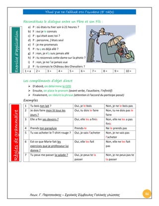 Υλικό για τα Γαλλικά στο Γυμνάσιο (Β’ τάξη) 
Λεων. Γ. Παρτσανάκης – Σχολικός Σύμβουλος Γαλλικής γλώσσας 86 
Reconstituez le dialogue entre un Père et son Fils : 
a) P : où étais-tu hier soir à 21 heures ? 
b) F : oui je le connais 
c) P : qui était avec toi ? 
d) P : personne, j’étais seul 
e) F : je me promenais 
f) P : tu y es déjà allé ? 
g) F : non, je n’y suis jamais allé 
h) P : tu reconnais cette dame sur la photo ? 
i) F : non, je ne l’ai jamais vue 
j) P : tu connais le Château des Chevaliers ? 
1 = a 
2 = 
3 = 
4 = 
5 = 
6 = 
7 = 
8 = 
9 = 
10 = 
Les compléments d’objet direct 
 D’abord, on détermine le COD 
 Ensuite, on place le pronom (avant verbe, l’auxiliaire, l’infinitif) 
 Finalement, on réécrit la phrase (attention à l’accord du participe passé) 
Exemples 
1 
Tu bois ton lait ? 
Oui, je le bois 
Non, je ne le bois pas 
2 
Je dois faire mon lit tous les jours ? 
Oui, tu dois le faire 
Non, tu ne dois pas le faire 
3 
Elle a fini ses devoirs ? 
Oui, elle les a finis 
Non, elle ne les a pas finis 
4 
Prends ton parapluie 
Prends-le 
Ne le prends pas 
5 
Tu vas acheter le T-shirt rouge ? 
Oui, je vais l’acheter 
Non, je ne vais pas l’acheter 
6 
Est-ce que Marie fait les exercices que je professeur lui donne ? 
Oui, elle les fait 
Non, elle ne les fait pas 
7 
Tu peux me passer la salade ? 
Oui, je peux te la passer 
Non, je ne peux pas te la passer 
Règles de grammaire Exercice d’application  