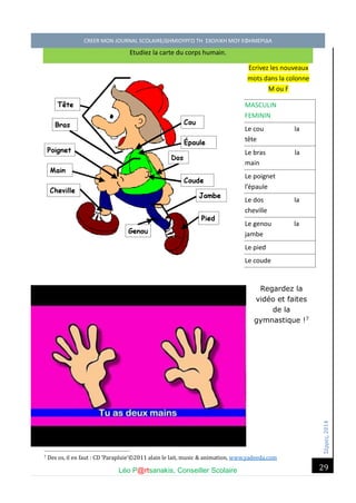Σέ ρρές, 2014 CREER MON JOURNAL SCOLAIRE/ΔΗΜΙΟΥΡΓΩ ΤΗ ΣΧΟΛΙΚΗ ΜΟΥ ΕΦΗΜΕΡΙΔΑ 
Léo P@rtsanakis, Conseiller Scolaire 
29 
Etudiez la carte du corps humain. Ecrivez les nouveaux mots dans la colonne M ou F MASCULIN FEMININ Le cou la tête Le bras la main Le poignet l’épaule Le dos la cheville Le genou la jambe Le pied Le coude Regardez la vidéo et faites de la gymnastique !7 
7 Des os, il en faut : CD ‘Parapluie’©2011 alain le lait, music & animation, www.yadeeda.com  