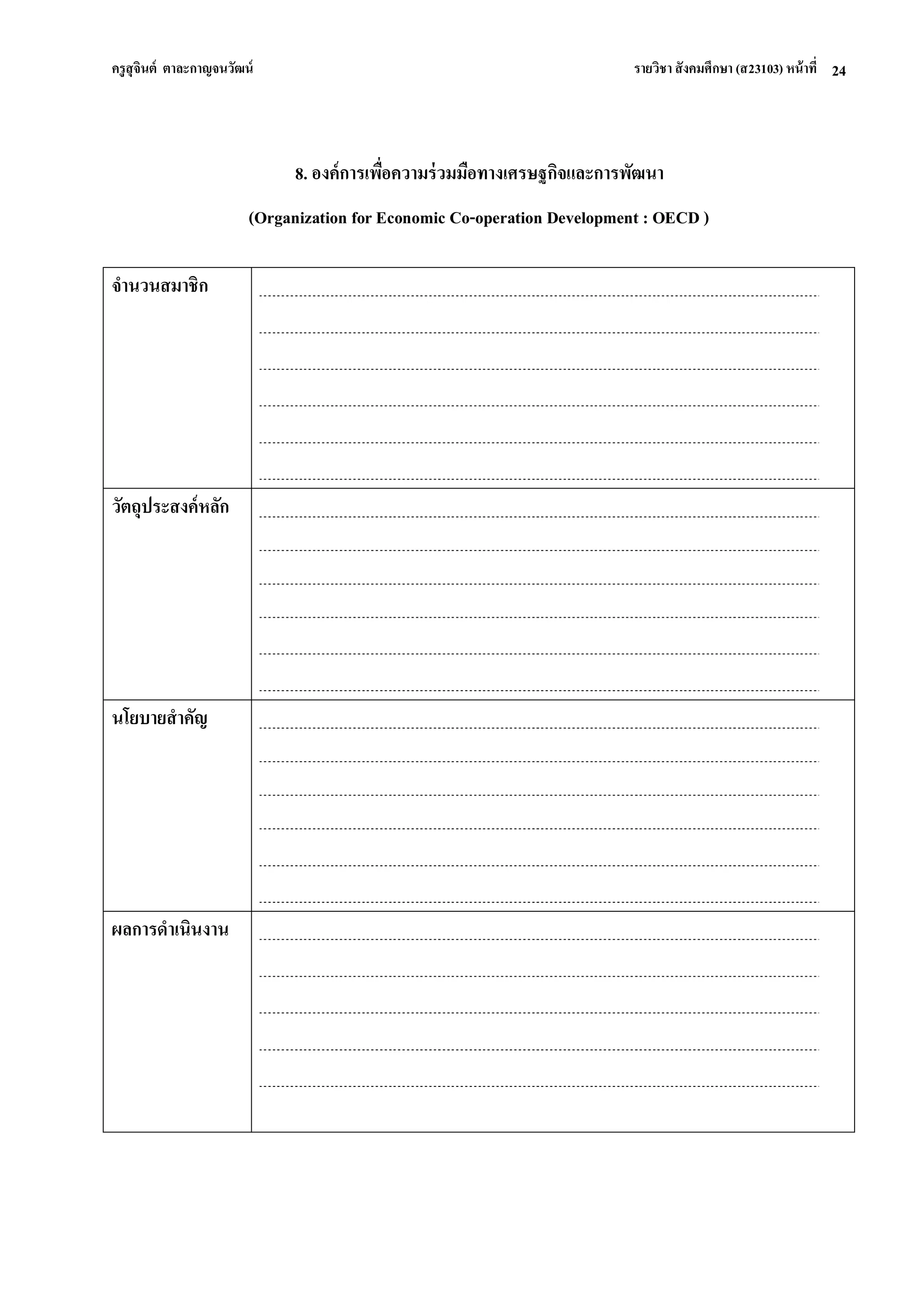ครูสุจินต์ ตาละกาญจนวัฒน์ รายวิชา สังคมศึกษา (ส23103) หน้าที่ 
24 
8. องค์การเพื่อความร่วมมือทางเศรษฐกิจและการพัฒนา (Organization for Economic Co-operation Development : OECD ) 
จานวนสมาชิก 
วัตถุประสงค์หลัก 
นโยบายสาคัญ 
ผลการดาเนินงาน 
 