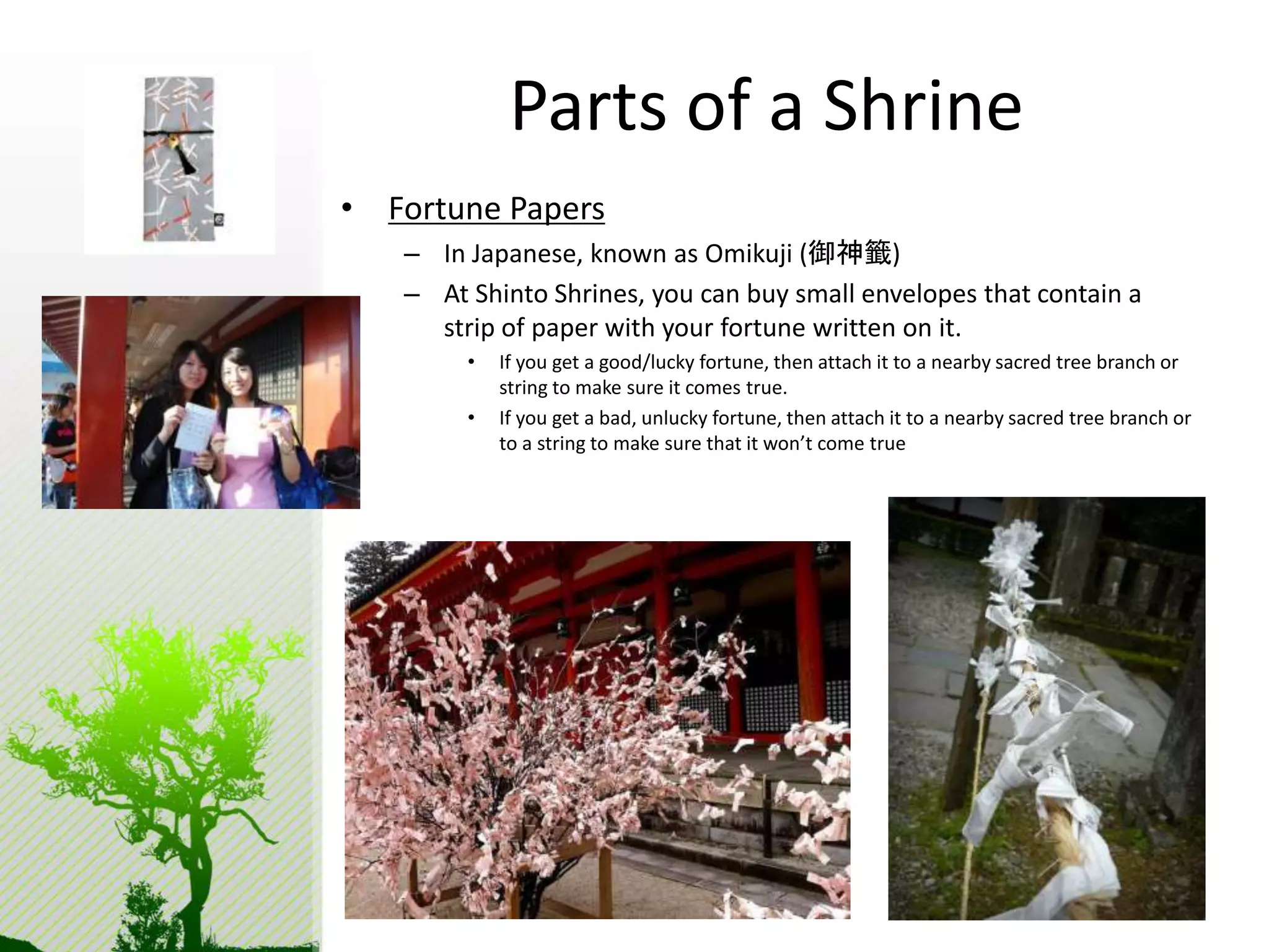 Parts of a Shrine 
• Fortune Papers 
– In Japanese, known as Omikuji (御神籤) 
– At Shinto Shrines, you can buy small envelopes that contain a 
strip of paper with your fortune written on it. 
• If you get a good/lucky fortune, then attach it to a nearby sacred tree branch or 
string to make sure it comes true. 
• If you get a bad, unlucky fortune, then attach it to a nearby sacred tree branch or 
to a string to make sure that it won’t come true 
 