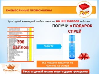 Купи одной накладной любых товаров на 300 баллов и более 
ПОЛУЧИ в ПОДАРОК 
СПРЕЙ 
ПОДАРОК 
ВСЕ подарки выдаются по 
ВСЕ подарки выдаются по 
наличию на складе 
наличию на складе 
 