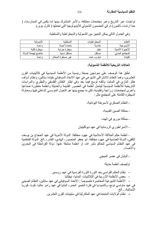 - النظم السياسية المقارنة - 53 
تواجدت عبر التاريخ وعبر مجتمعات مختلفة، والأمر المشترك بينها إما يكمن في الممارسات ( 
حنا أرندت، تالمون) او في المضمون الشمولي للايديولوجيا التي تحملها ( آارل بوبر). 
وفي الجدول التالي يمكن التمييز بين الشمولية والديمقراطية والتسلطية: 
النظام الديمقراطيات التسلطية الشمولية 
الايديوجية تعددية متعددة أحيانا واحدة 
الأجهزة الأمنية مقيد سيطرة جزئية سيطرة آلية 
المجتمع المدني مستقل مستقل نسبيا خاضع لهيمنة الدولة 
القيادة تناوب، تعدد غير مستقرة المعالم واحدة 
الحالات التريخية للأنظمة الشمولية: 
اطلق هذا الوصف على نموذجين بصفة رئيسية من الأنظمة السياسية في ثلاثينيات القرن 
العشرين، وهما النظام الاشتراآي الشيوعي في عهد الاتحاد السوفياتي بقيادة ستالين، ونظام أدولف 
هتلر النازي في ألمانيا، ولكنه توسع فيما بعد وفي إطار النقاش الفلسفي والنظري والدراسات 
التاريخية للأنظمة السياسية ليشمل أنظمة في العصور القديمة والحديثة وانظمة متطورة صناعيا 
وأخرى لمجتمعات زراعية وتقليدية، لكن ما يجمع بينها هو التحول المؤسسي الداخلي فيها ومحاولة 
السيطرة الكاملة على المجتمع مثل : 
- النظام العسكري لأسبرطة اليونانية، 
- مملكة الصين القديمة، 
- مملكة موريو في الهند، 
- الامبراطوري الرومانية في عهد ديوآليتيان 
- أنظمة حكم الخلافة الاسلامية في عهود مختلفة: الدولة الأموية في عهد الحجاج بن يوسف 
الثقفي، الدولة العباسية في عهود مختلفة: ابو جعفر المنصور، الهادي، القادر،..الخ. الدولة الفاطمية 
في عهد النظام السياسي للحاآم بأمر الله، أو انظمة منشقة عنها: دولة القرامطة في البحرين 
والأحساء. 
- اليابان في عصر الميجي 
أوليصف أنظمة حديثة 
- نظام الحكم الفرنسي بعد الثورة الثورة الفرنسية في عهد روبسير. 
- بعض الأنظمة الأوربية في الثلاثنيات: ألمانيا، إيطاليا 
- الأنظمة الشيوعية المعاصرة خصوصا : الاتحاد السوفياتي في عهد ستالين، النظام الصيني 
في عهد ماوتسي تونع، وآامبوديا في فترة الخمير الحمر، البانيا في عهد رامز عاليا، آوبا، آوريا 
الشمالية،...الخ 
- نظام الولايات المتحدة في عهد المكارثية في ستينيات القرن العشرين. 
 