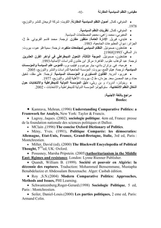- مقياس: النظم السياسية المقارنة - 92 
المنوفي، آمال. أصول النظم السياسية المقارنة. الكويت: شرآة الربيعان للنشر والتوزيع،  
.1978 
المنوفي، آمال. نظريات النظم السياسية.  
المغيربي، محمد زاهي، معجم المصطلحات السياسية.  
، هايدي، فيريل. الإدارة العامة: منظور مقارن. ترجمة: محمد قاسم القريوتي. ظ 2  
. الجزائر: ديوان المطبوعات الجامعية، 1983 
هنتنغتون، صموئيل. النظام السياسي لمجتمعات متغيره، ترجمة: سمية فلو عبود، بيروت:  
.[1968] دار الساقي، 1993 
هنتنغتون، صموئيل. الموجة الثالثة: التحول الديمقراطي في أواخر القرن العشرين.  
. ترجمة: عبد الوهاب علوب. القاهرة: مرآز ابن خلدون للدراسات الإنمائية، 1993 
هرميه، غي. برتران بادي، بيار بيرنبوم و فيليب برو، قاموس علم السياسة والمؤسسات  
. السياسية، ترجمة: هيثم اللمع، بيروت: المؤسسة الجامعية للدراسات والنشر والتوزيع، 2005 
هوريو، أندريه. القانون الدستوري و المؤسسات السياسية. ترجمة: علي مقلد، شفيق  
. حداد وعبد المحسن سعد. جزءان، ط 2، بيروت: الأهلية للنشر والتوزيع، 1977 
رينولدز، أندروا، و بن ريلي، دليل المؤسسة الدولية للديمقراطية والانتخابات حول  
. أشكال النظم الانتخابية، ستوآهولم: المؤسسة الدولية للديمقراطية والانتخابات ، 2002 
مراجع باللغة الأجنبية: 
Books: 
 Kamrava, Mehran, (1996) Understanding Comparative Politics: a 
Framwork for Analyis, New York: Taylor & Francis. 
 Lagroy, Jaques. (2002). sociologie politique. 4em ed, France: presse 
de la foundation nationale des sciences politiques et Dalloz. 
 MClain ,(1996) The concise Oxford Dictionary of Politics. 
 Mény, Yves. (1991), Politique Comparée: les démocraties: 
Allemagne, Etat-Unis, France, Grand-Bretagne, Italie, 3rd ed, Paris : 
Montchrestien. 
 Miller, David (ed), (2000) The Blackwell Encyclopedia of Political 
Thought, 7THed, UK: Oxford. 
 Posusney, Marsha Pripstein. (2005)Authoritarianism in the Middle 
East: Rgimes and resistance, London: Lynne Rienner Publisher. 
 Quandt, William B. (1999). Société et pouvoir en Algérie: la 
décennie des ruptures. Traduction: Mohammed Bensemmane, Mustapha 
Benabdelazize et Abdessalam Benzenache. Alger: Casbah édition. 
 Roy ,S.N.(2004) Modern Comparative Politics: Approaches, 
Methods and Issues, PHI Learning. 
 Schwantzenberg,Roger-Gerard.(1998) Sociologie Politique, 5 ed, 
Paris : Montchrestien. 
 Seiler, Daniel-Louis.(2000) Les parties politiques, 2 eme ed, Paris: 
Armand Colin. 
 