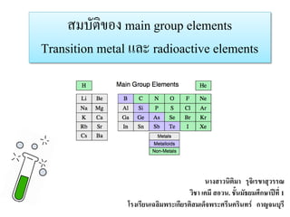นางสาวนิติมา รุจิเรขาสุวรรณ 
วิชา เคมี สอวน. ชั้นมัธยมศึกษาปีที่ 1 
โรงเรียนเฉลิมพระเกียรติสมเด็จพระศรีนครินทร์ กาญจนบุรี 
สมบัติของ main group elements 
Transition metal และ radioactive elements  
